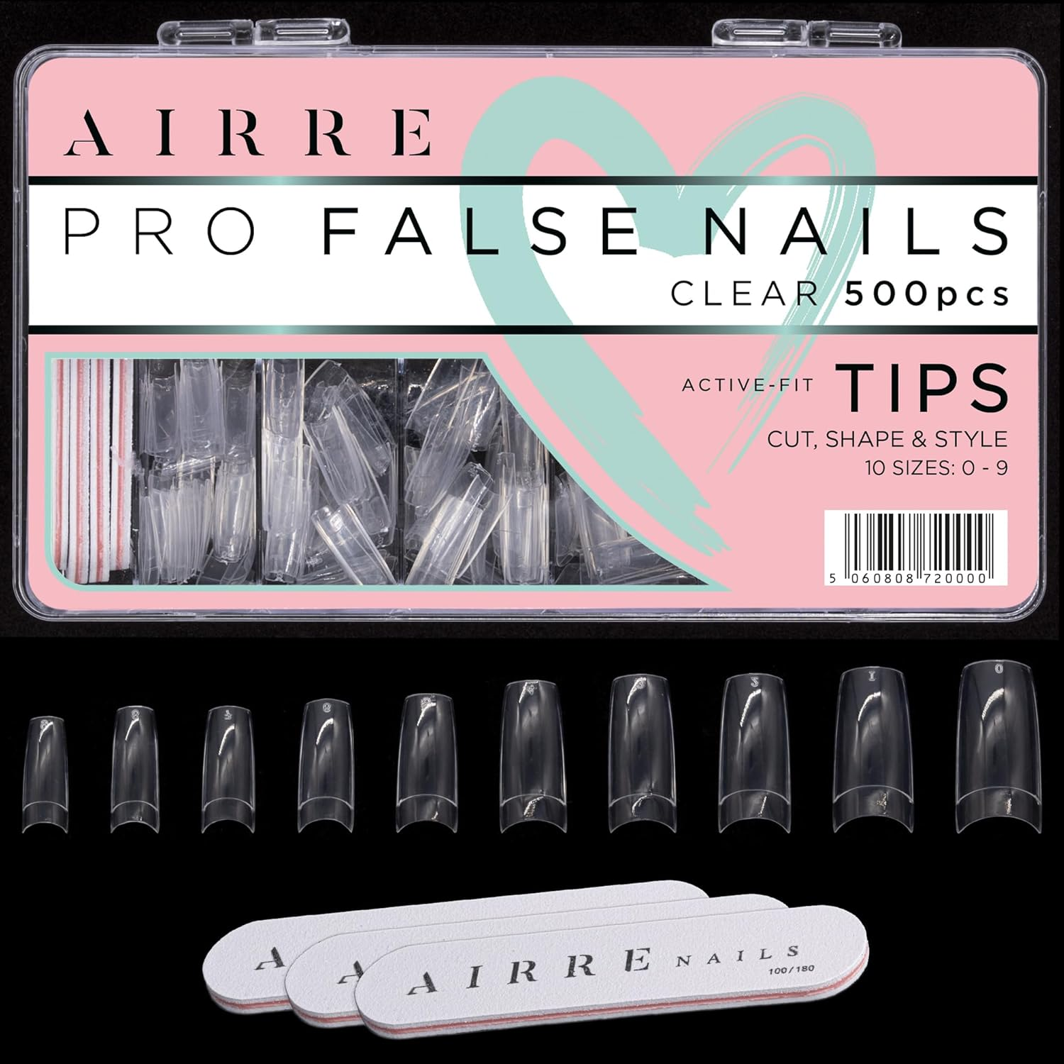 500 AIRRE Pro Acrylic Nail Tips & 3 Files with Box - (10 Sizes) French Square Half Cover False Nails. for Salons MUA & Home DIY. Use: Cut, File & Shape, UV/LED Gel, Polish & Nail Art (Colour: Natural)