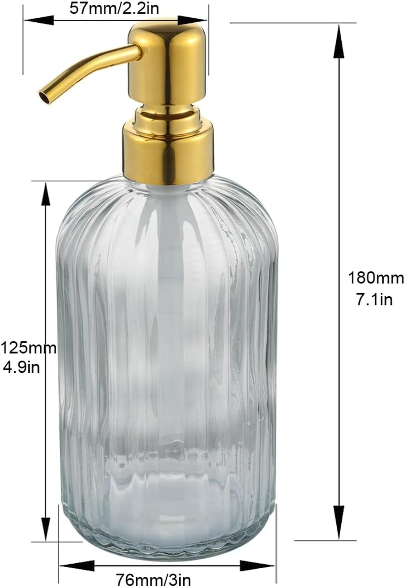 GULICA Glass Soap Dispensers Brushed Gold, for Kitchen and Bathroom, Heavey Glass Bottle 15Oz, Stainless Steel Head
