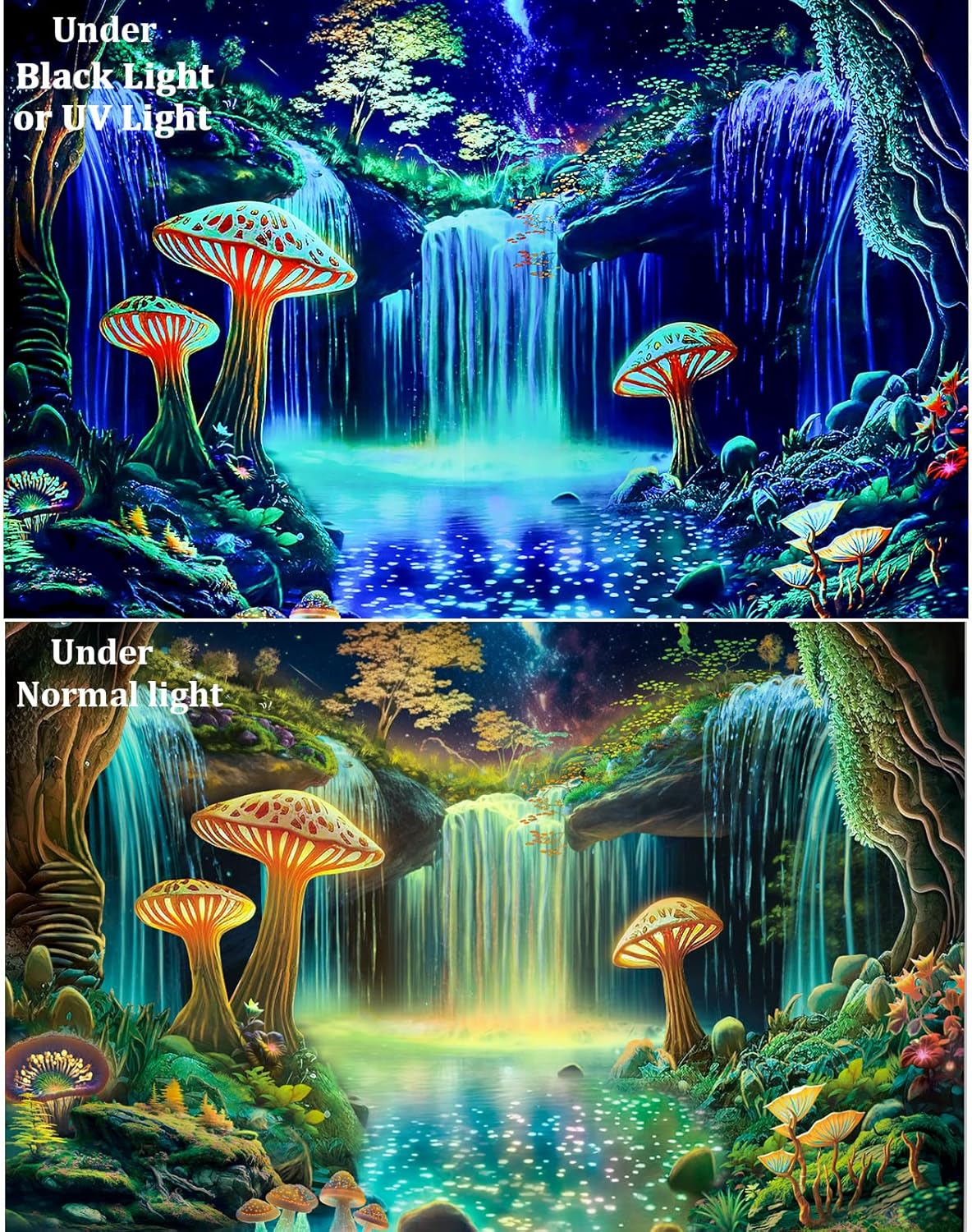 Blacklight Fantasy Forest Tapestry UV Reactive Waterfall Tapestries Starry Sky Tapestry Neon Nature Plant Wall Hanging Decor for Home image number 1