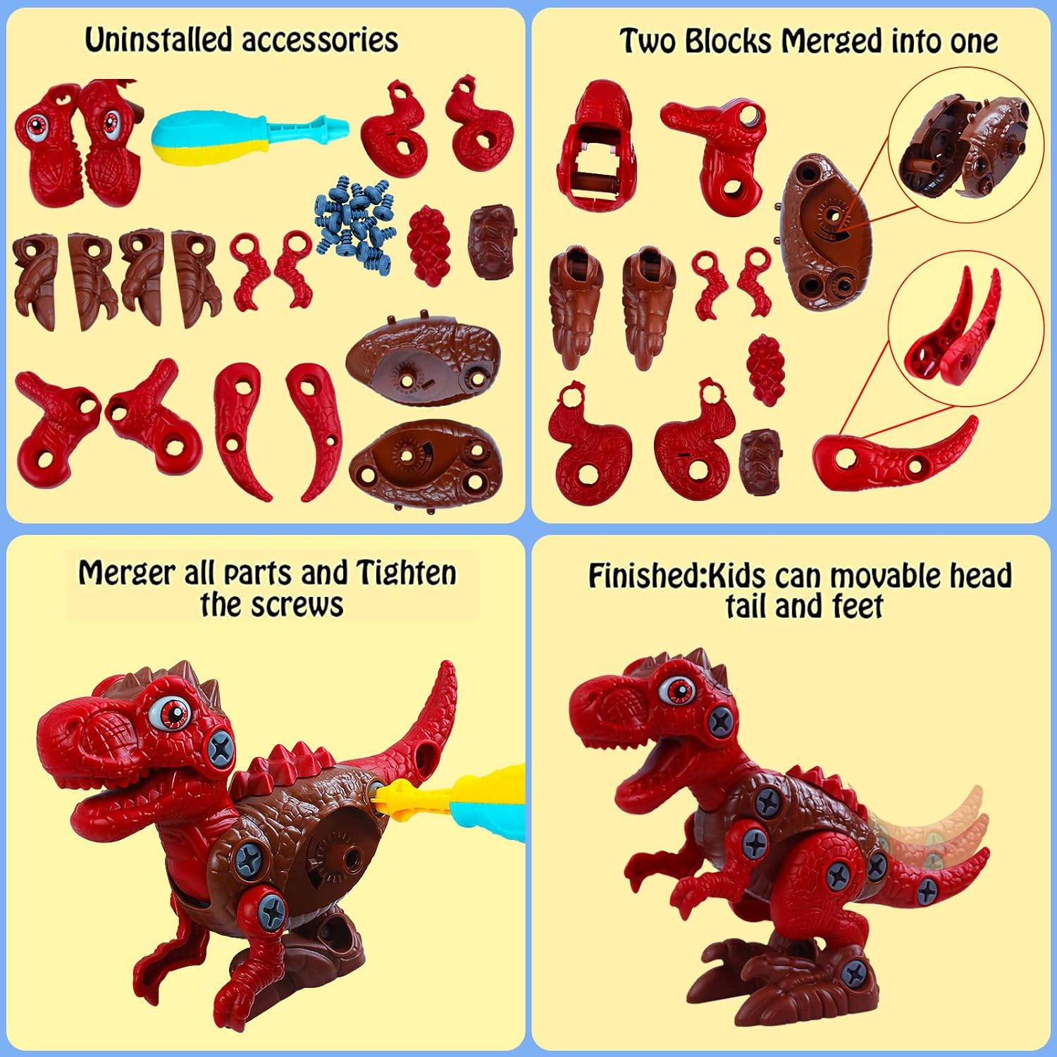 4 Pack Dinosaur Toys for Kids, Take Apart Dinosaur Toy with Electric Drill & 4 Hand Drill Tool, Building STEM Toy Christmas Birthday Gift Learning Construction Toys for 3 4 5 6 7 8 Year Old Boy Girl