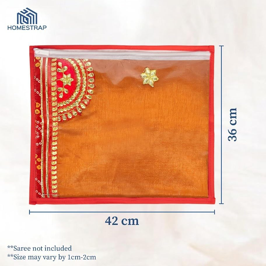 Homestrap Set of 24 Single Saree Covers | Transparent Top, Foldable & Zip Closure | Clothes Storage Bag & Wardrobe Organizer | Dust & Moisture Resistant Organizers |Red,Polypropylene - Beige image number 6