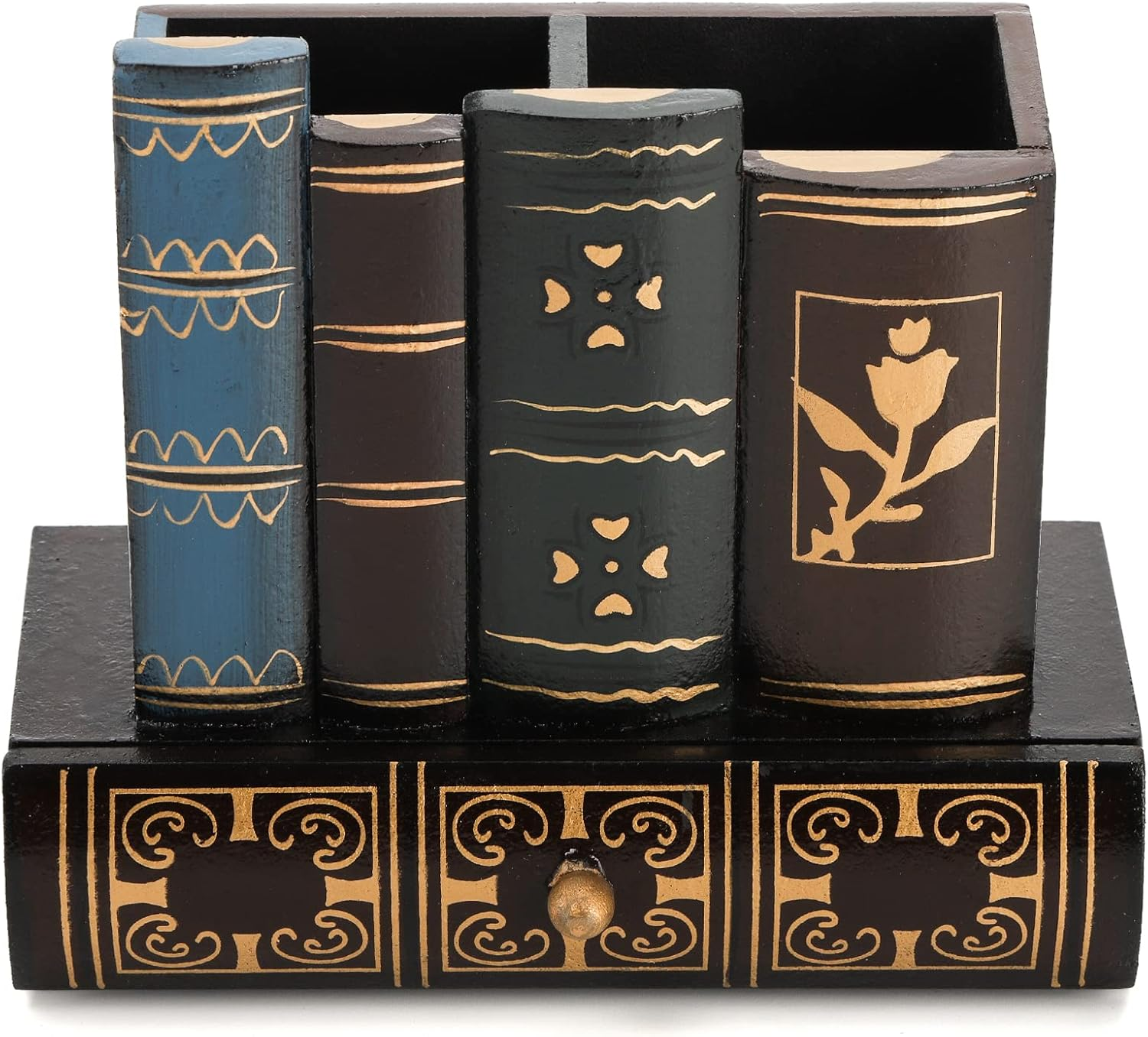 Tosnail Decorative Pen Holder with Storage Drawer, Wooden Pencil Holder Organizer, Antique Library Books Design Pen Cup Caddy, Desk Organizer for Office Supplies, Countertop, Desk, Table Accessory image number 5