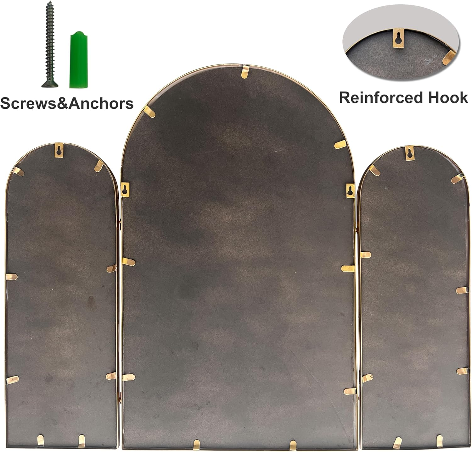 BAODANFU Trifold Vanity Mirrors 3 Way Trifold Vintage Gold Arch Mirrors Wall Mounted Decoration, Braiding Hair, Makeup 360&deg; Way image number 6