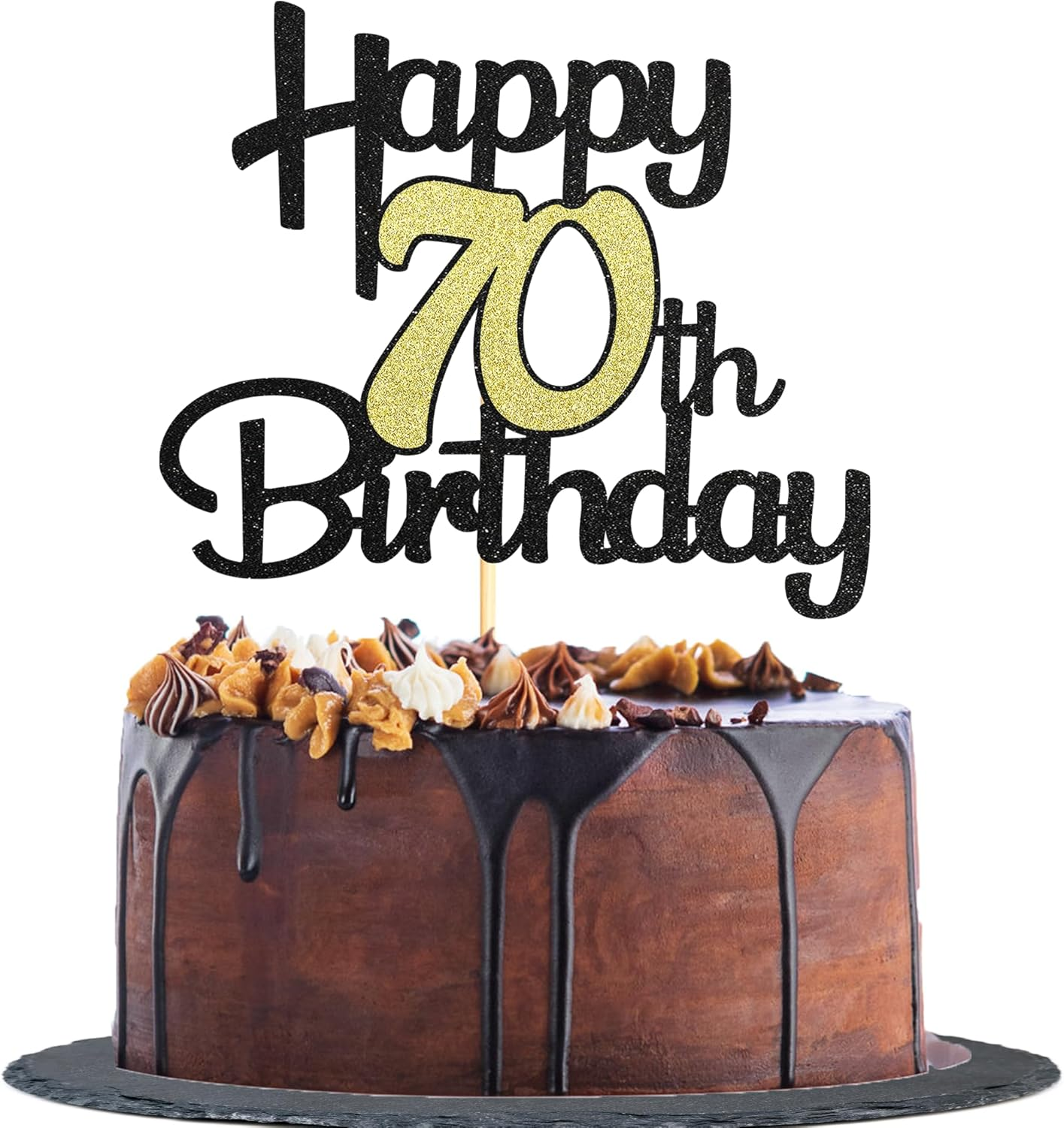 Sotpot 1 Pack Black&Gold Glitter 70Th Cake Topper, 70Th Birthday Cake Decorations for Birthday Party Anniversary Party Supplies image number 1