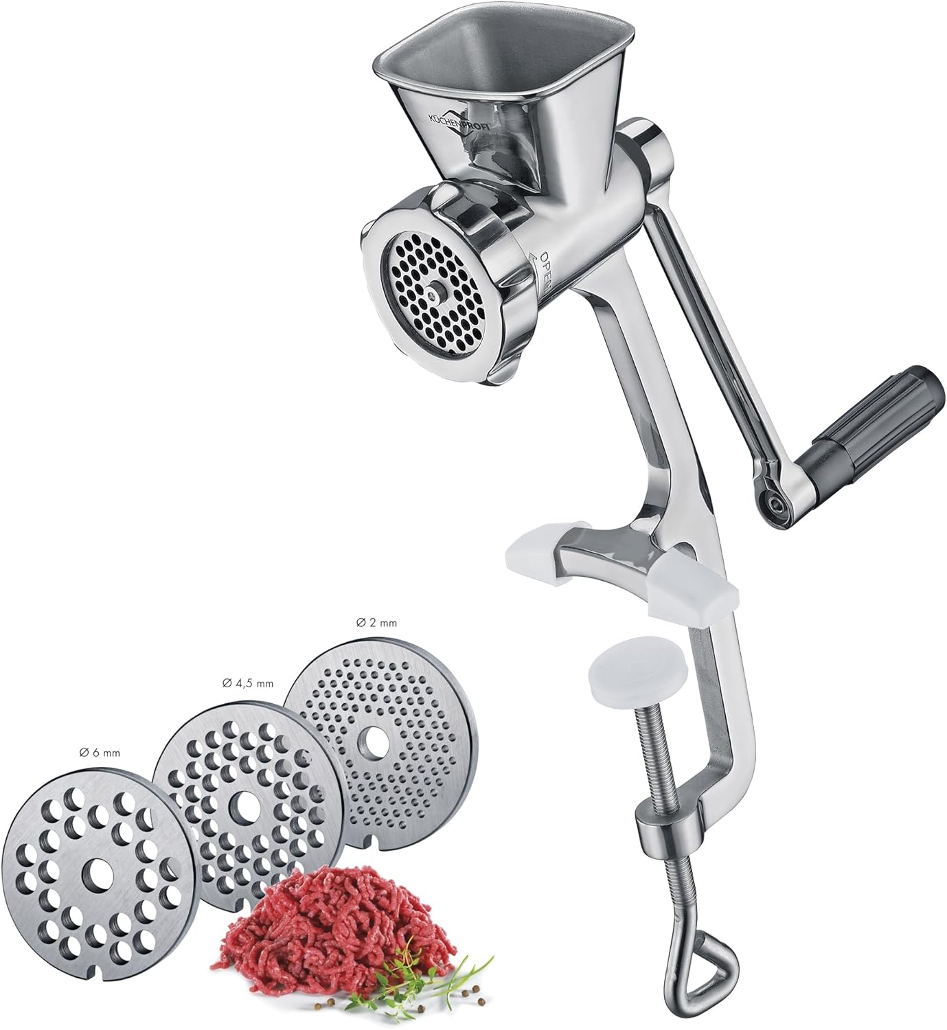 K&uuml;chenprofi Solido Stainless Steel Mincer 2.0 Manual Including 3 Perforated Discs, Biscuit Attachment and 3 Sausage Filling Attachments, with Extra Large Table Clamp 12 X 10 X 40 Cm image number 3