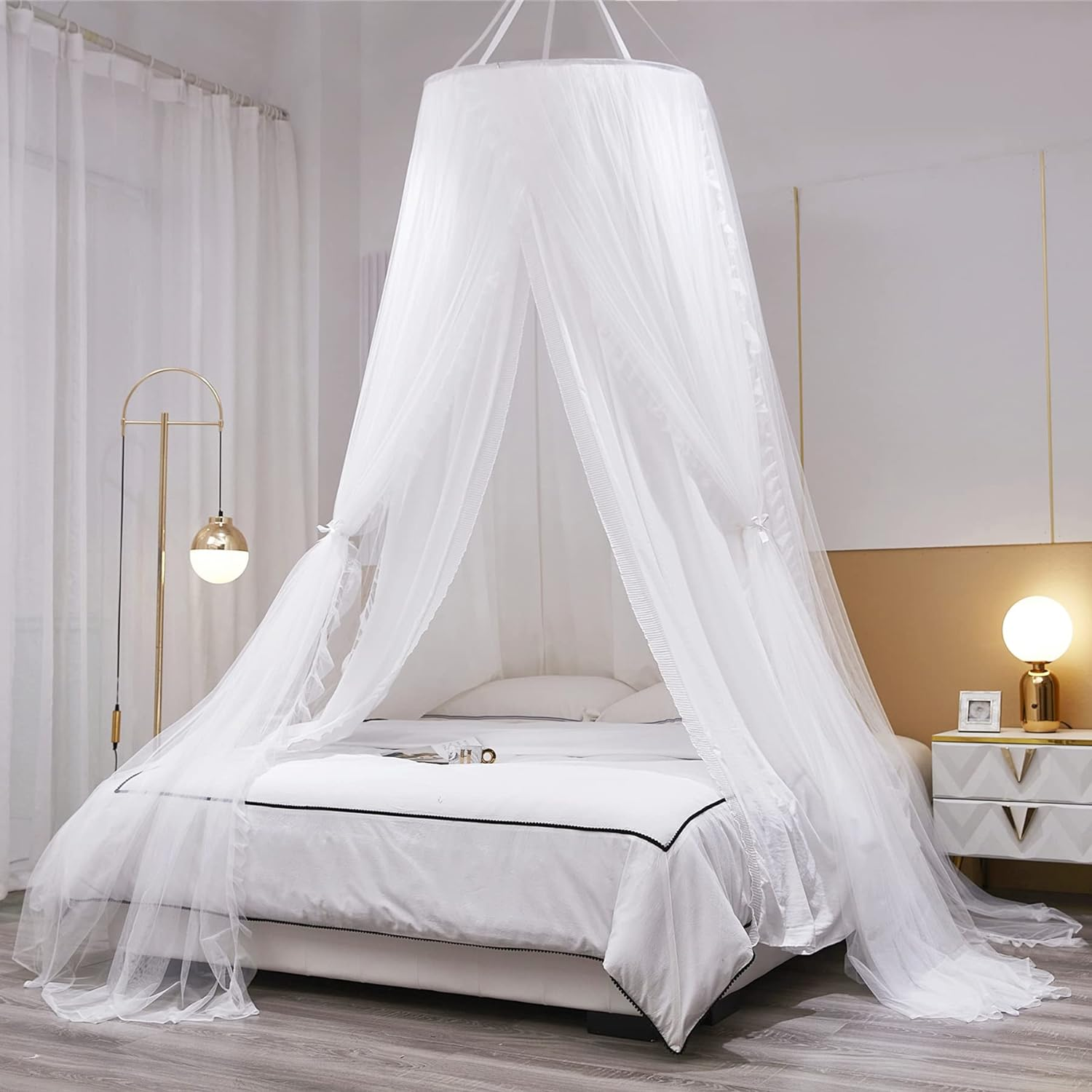 VETHIN Double Layer Princess round Dome Canopy Bed Curtain for Girls Adults,Children Dreamy Mosquito Net,Cute Bedroom Decoration Castle Play Tent Reading Nook Canopies (Dome-White/White) image number 5