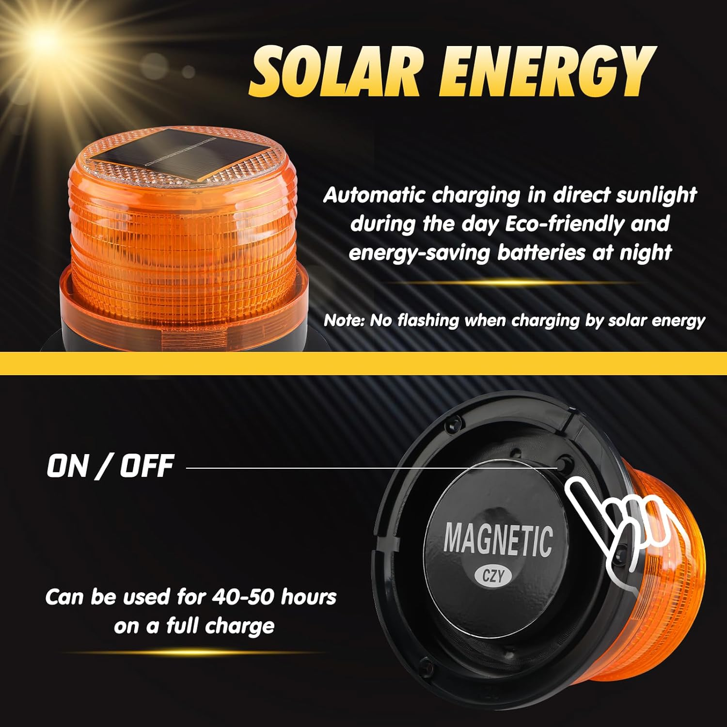 Kaidengzhe Solar Strobe Warning Light, Wireless Waterproof LED Beacon Lights with Magnetic Base, Safety Flashing Caution Lights for Cars Truck Tractors Bus Forklift SUV Construction Vehicle, Amber image number 4