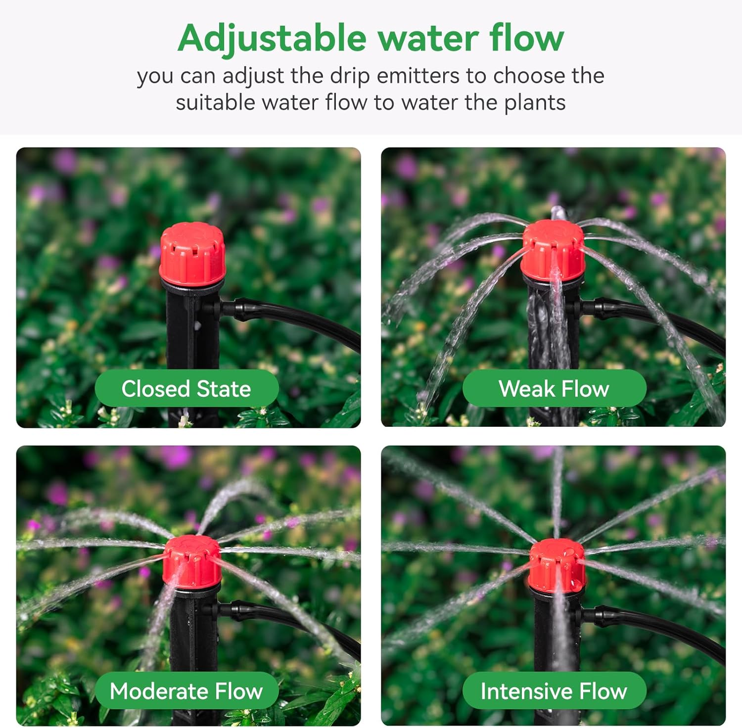 La Farah 50Pcs Drip Emitters for 1/4" Drip Irrigation Tubing, Adjustable 360 Degree Water Flow Drippers on 5" Arrow Stake, Garden Irrigation Drippers for (4-7Mm) Watering System image number 2