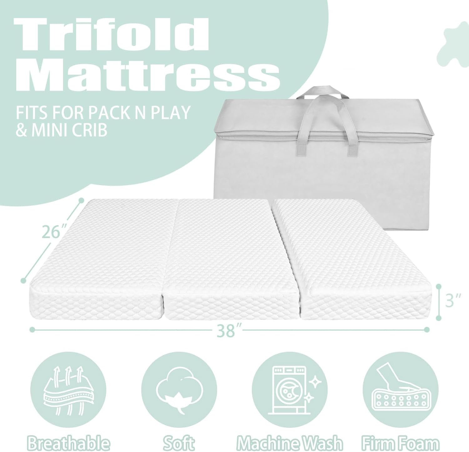 Folding Baby Cot Mattress 96 X 66 X 6Cm, Portable Travel Cot Mattress, Breathable Soft Plush Memory Foam Includes Carry Bag Removable Washable Cover, Perfect for Home, Travel, and Camping image number 2