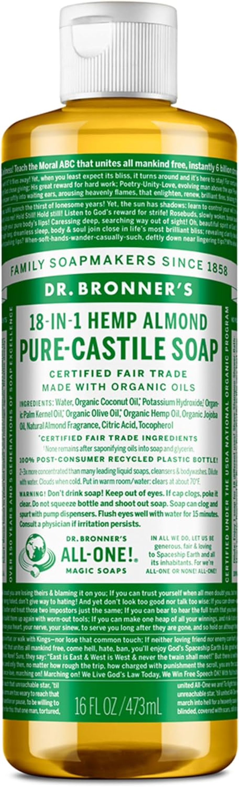 Dr. Bronner'S - Pure-Castile Liquid Soap (Almond, 16 Ounce) - Made with Organic Oils, 18-In-1 Uses: Face, Body, Hair, Laundry, Pets and Dishes, Concentrated, Vegan, Non-Gmo image number 1