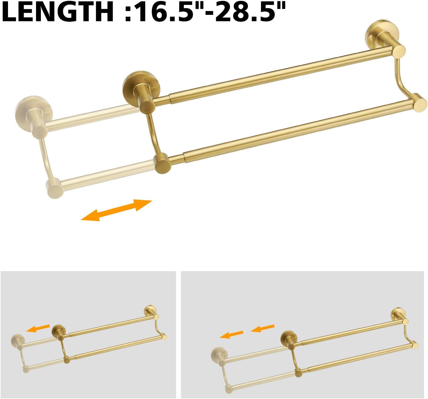 Besy Adjustable 16-26 Inches Double Bath Towel Bar for Bathroom SUS304 Stainless Steel Towel Holder, Hotel Style Wall Mount with Screws Hand Towel Bar，Towel Rack Rod Hanger, Brushed Gold Finish image number 6