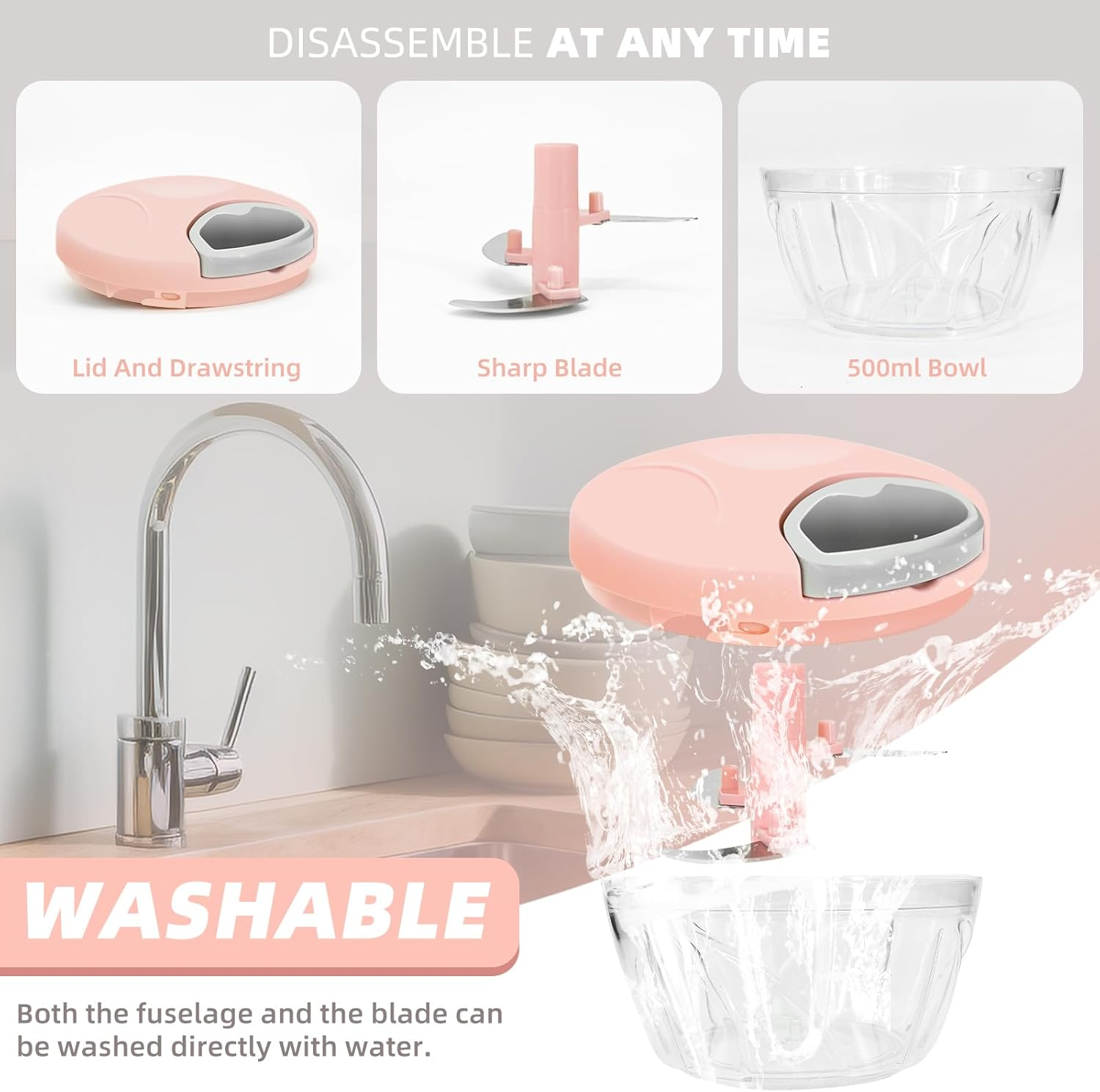 Multi-Function Mini Blender, Vegetable Fruit Chopper, Manual Meat Mincer, Onion and Garlic Mincer, Hand Pull Rope Mincer, Baby Food Maker, Cooking Machine (Pink) image number 1