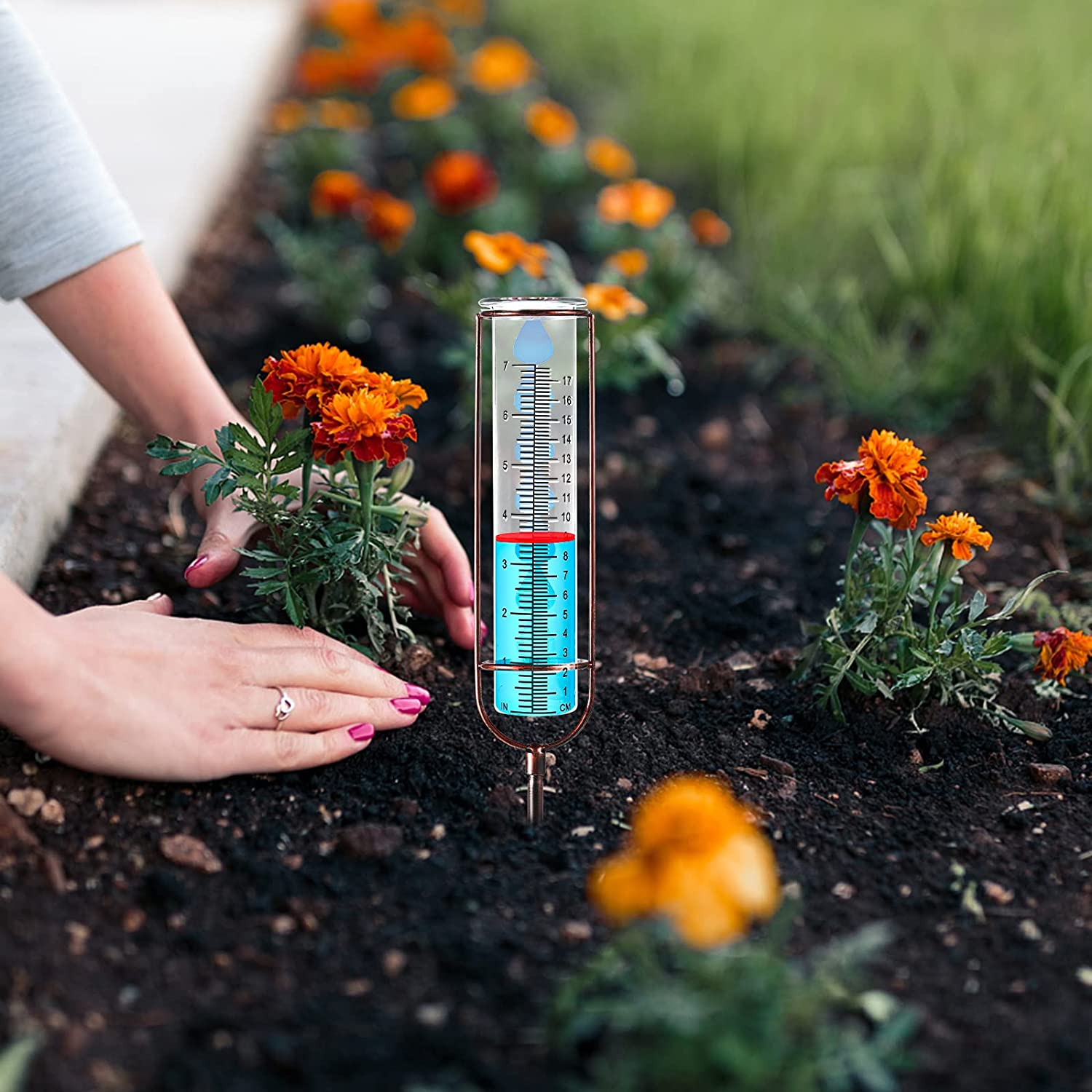 Rain Gauge Outdoor, 7 Inch Large Capacity Glass Rain Gauge Outdoor with Stake and Gasket, Easy to Read Removable Rain Gauges for Yard, Lawn, Garden, Fence (Bronze) image number 5