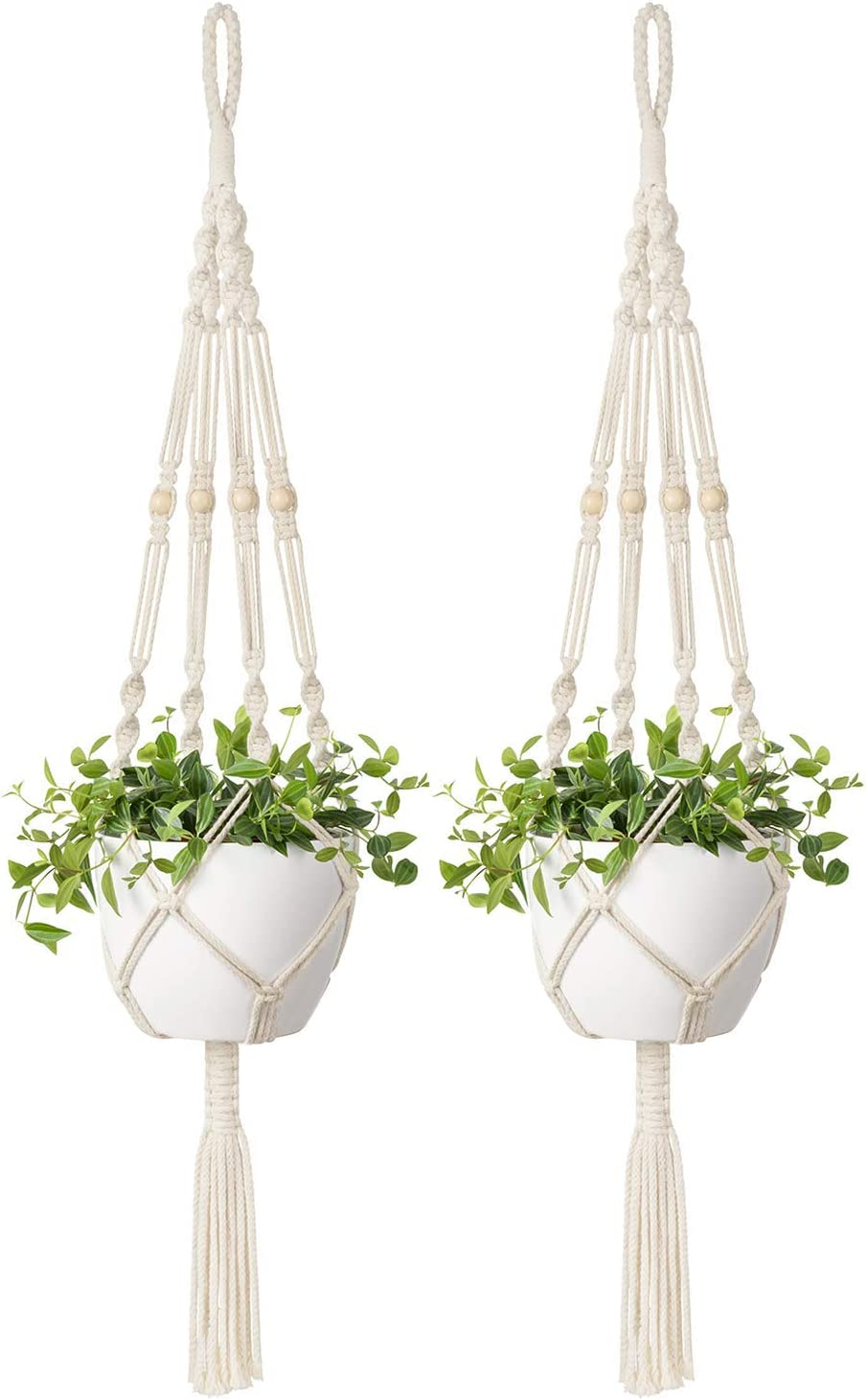 2 Pcs Macrame Plant Hangers Indoor Outdoor Hanging Plant Holders/Basket Cotton Rope with Beads 4 Legs 41 Inch &hellip; image number 3