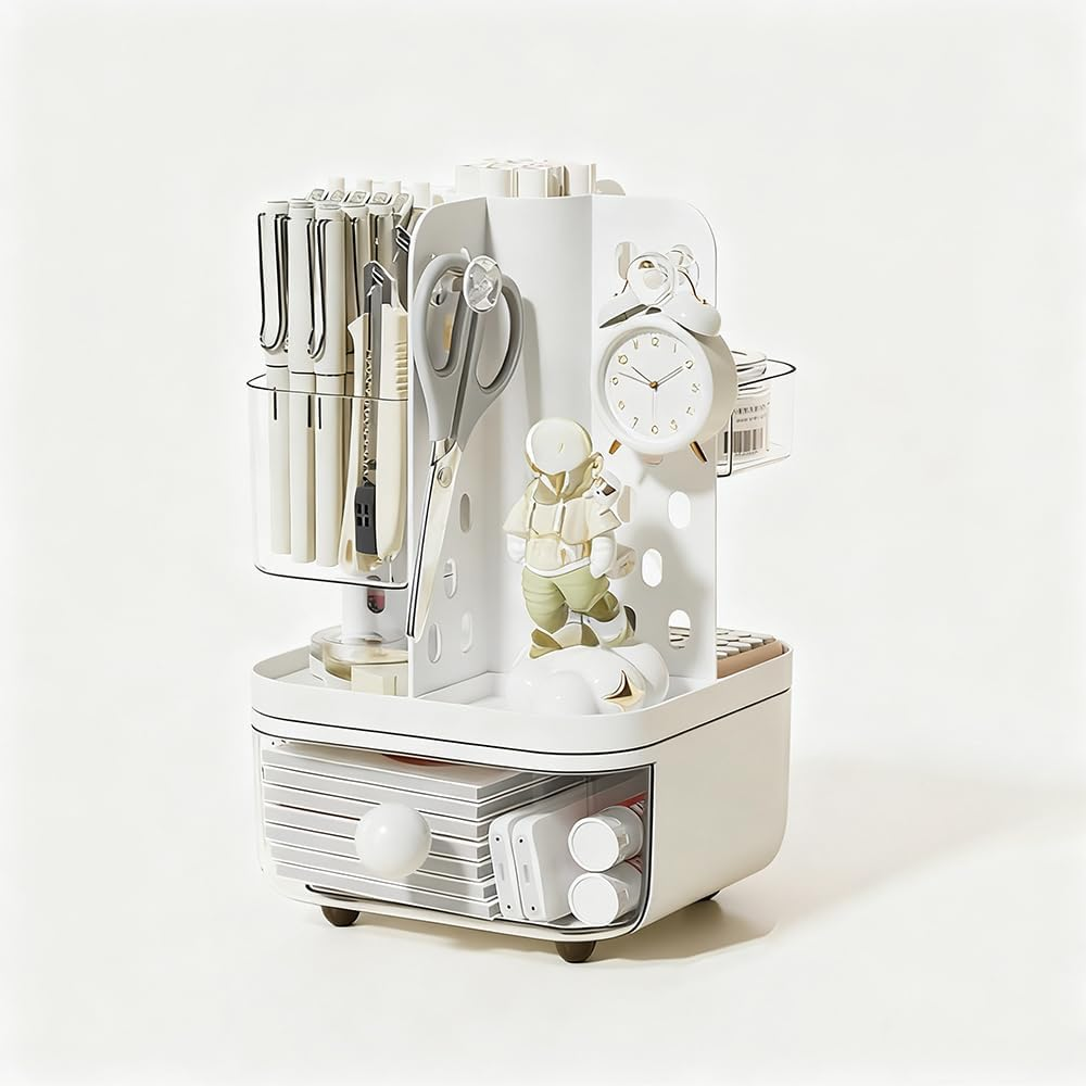Ranqisys Rotating Desktop Organizer with Drawers &ndash; Large-Capacity Multifunctional Storage Box with Pegboard, Desk Organizer for Stationery, Markers, Brushes, Scissors, Lipsticks & Jewelry image number 3