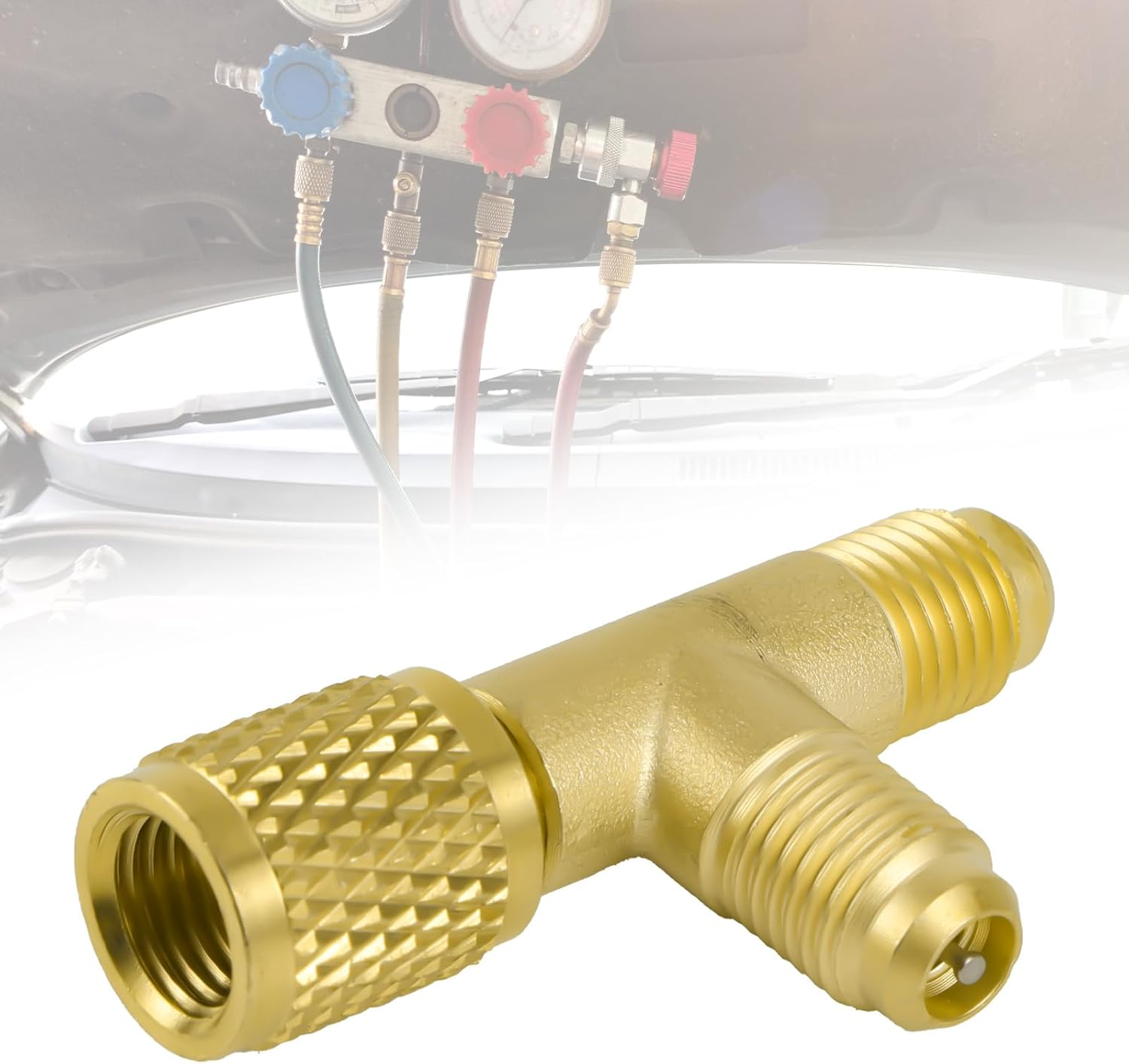 2Pcs Quick Coupler Access Tee, 1/4'' Brass SAE Valves Core Tee Adapter Air Conditioning Parts for R22 R12 R134 Gauge Deep Vacuum Pump Manifold image number 3