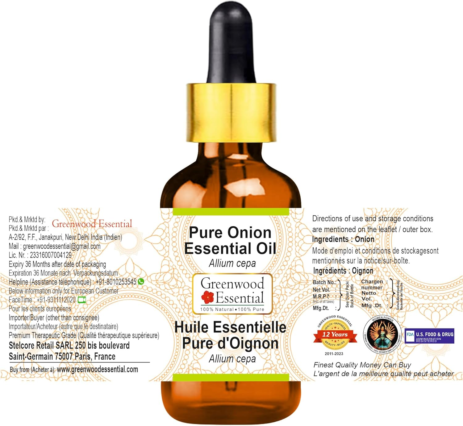 Greenwood Essential Pure Onion Essential Oil (Allium Cepa) with Glass Dropper Steam Distilled for Personal Care 10Ml (0.33Oz) image number 4