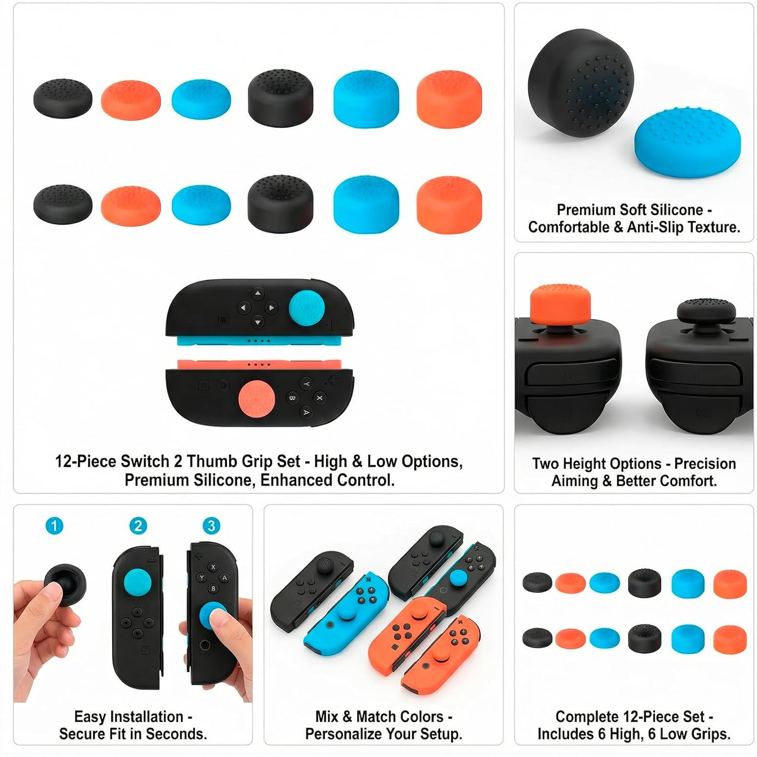 JANGJANG 12 Pack Thumb Grips for Nintendo Switch 2 anti Slip Joystick Covers Improve Control and Comfort Reduce Wear for Gaming at Home or Travel image number 3