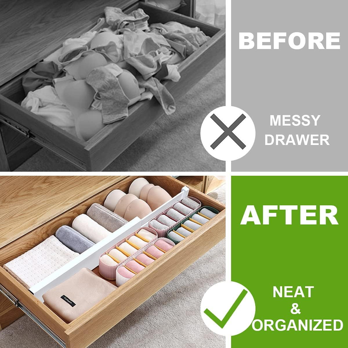 ANTOWIN Bamboo Drawer Dividers, Expandable Drawer Separators Splitter(43-56Cm), Adjustable Spring-Loaded Organizer for Large Utensil, Clothes, Tools Drawers(White) - Grey image number 2