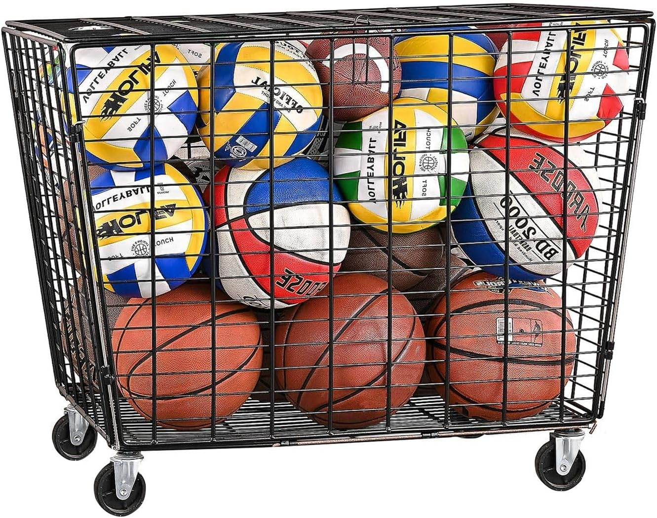 Genki Large Sports Ball Storage Cart Lockable Bin Cage Sports Equipment Organiser for Basketball Football Toys Holder Rack Garage Gym image number 4