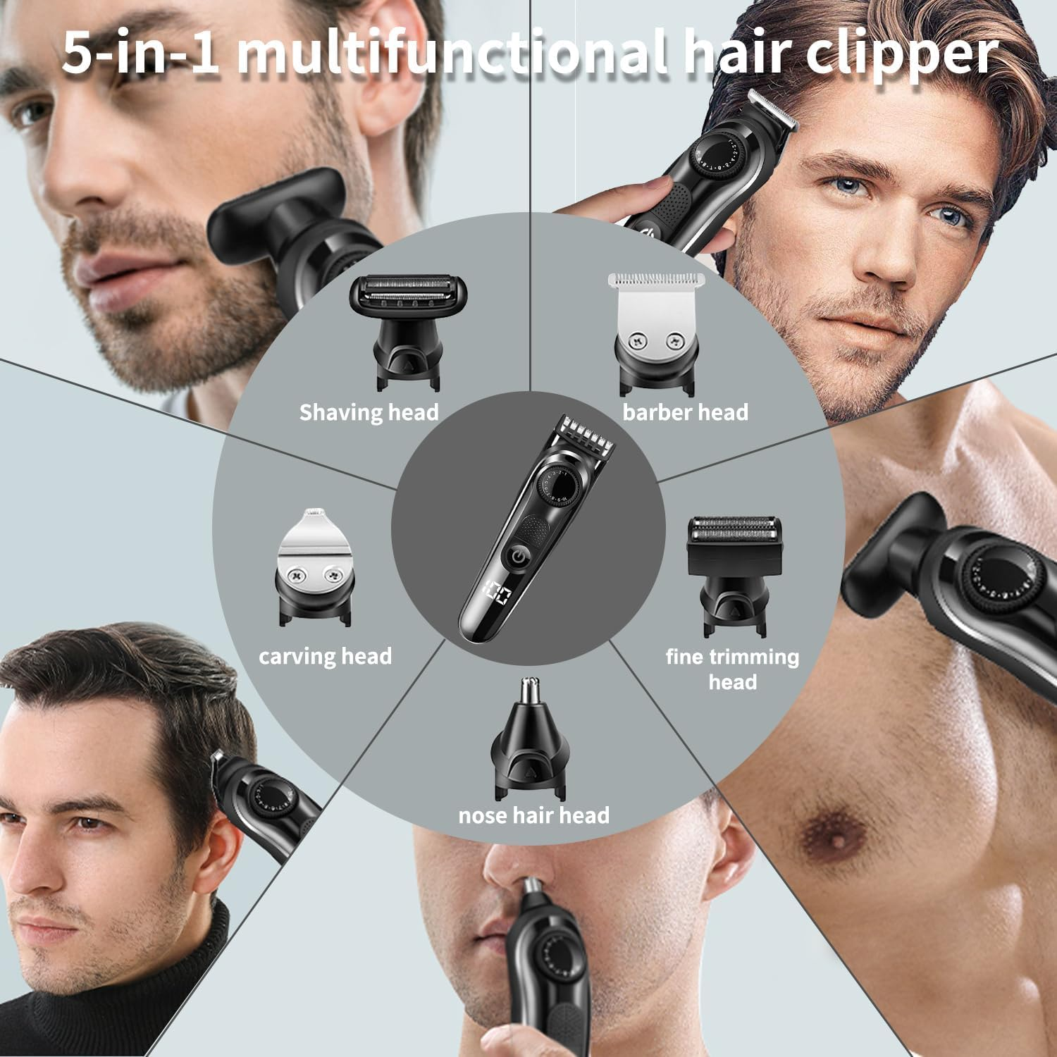 Necomi 5-In-1 Beard Trimmer, Men'S Trimmer, 5 Replacement Heads for Shaving, Haircutting & Nose Hair, 10 Length Settings, with Storage Bag, 90-Minute Running Time, Suitable for Facial and Body Beauty image number 4