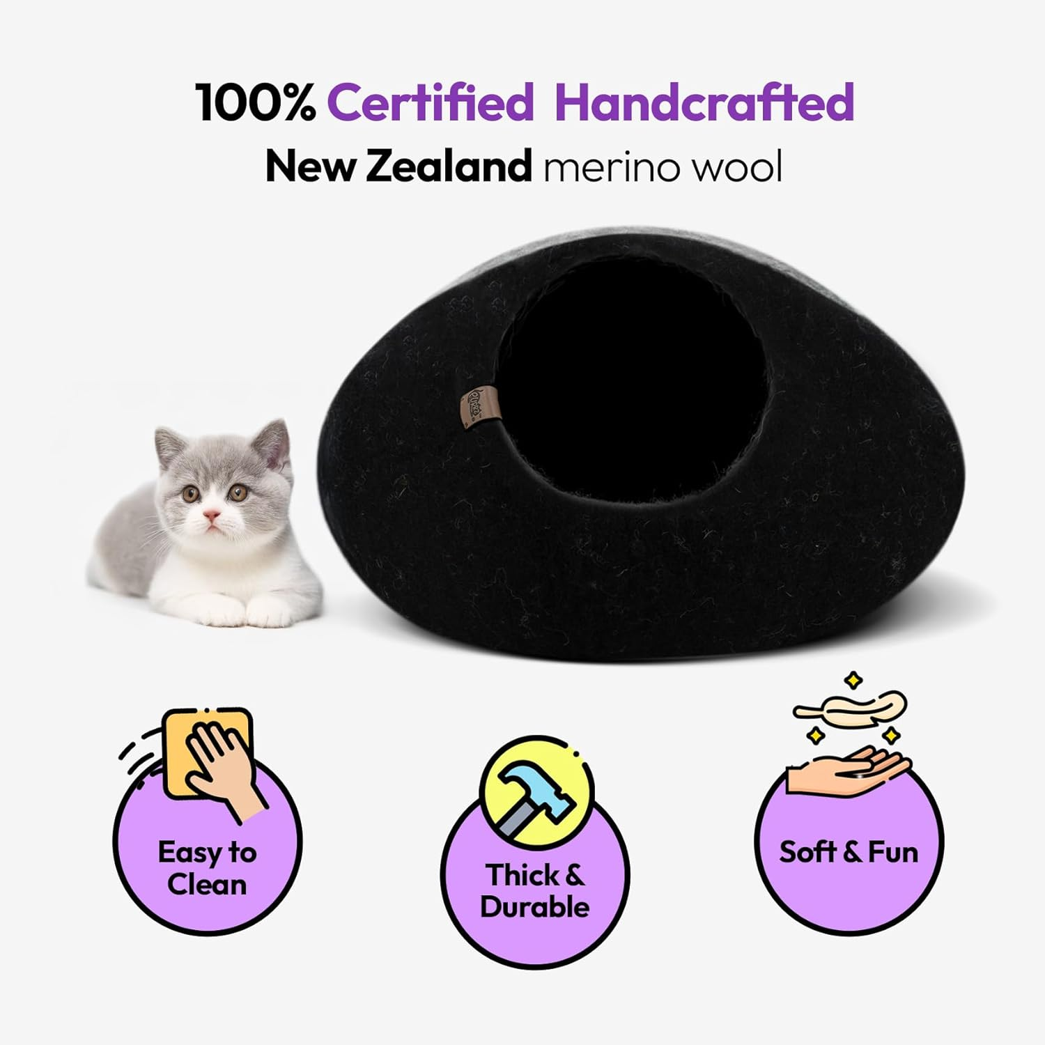 Luxury Cat Cave Bed &ndash; Handmade Merino Wool Felt Hideaway, Vet-Designed Indoor Cat Condo, Hypoallergenic Pet House, Cozy Igloo Bed for Kittens & Cats, Eco-Friendly Modern Pet Furniture image number 6