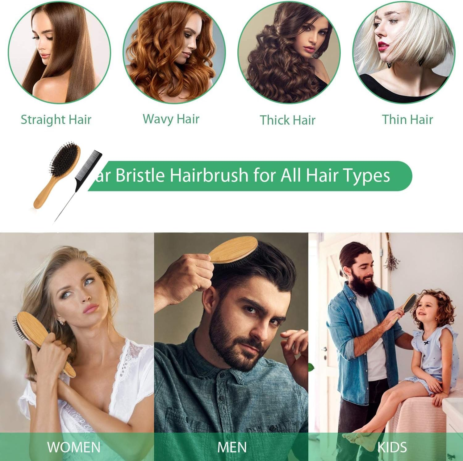 Boar Bristle Hair Brush Set, Natural Massage Hair Brush, Wooden Paddle Hairbrush, Slick Backbrush for Long and Curly Hair Thick, Hairbrush Detangling Smoothing All Hair Types image number 4