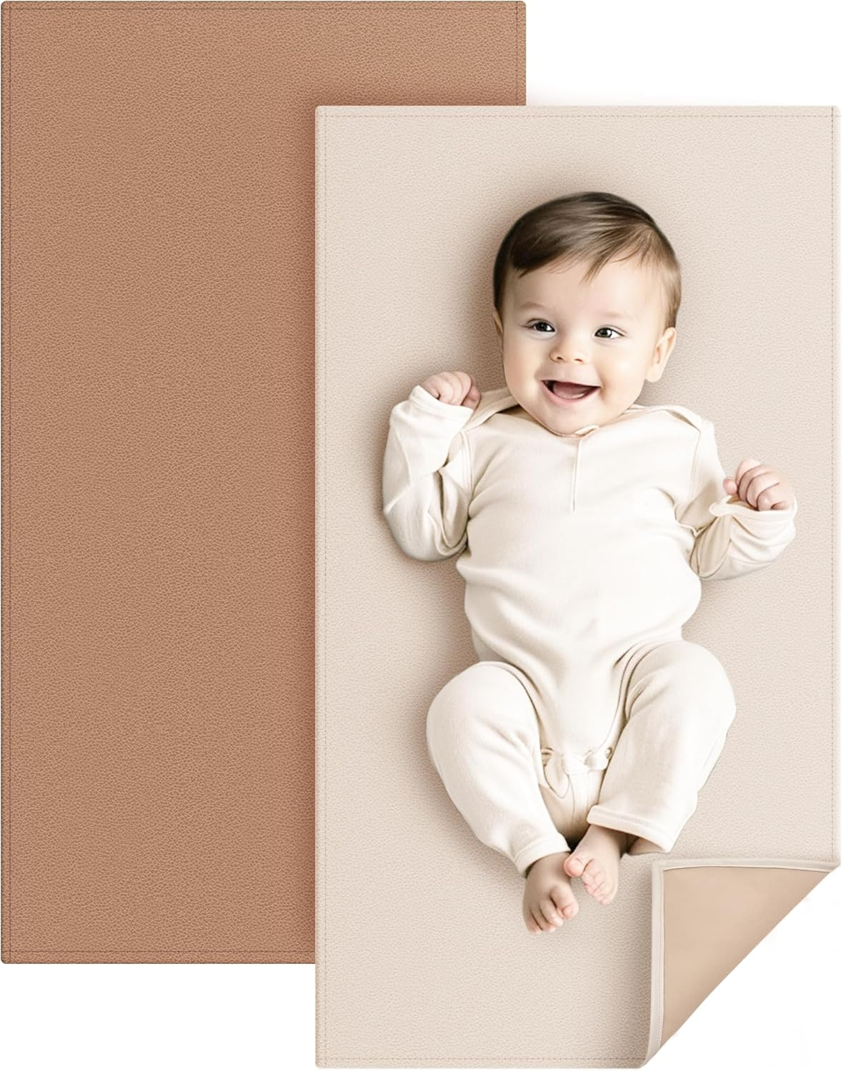 Konssy Faux Leather Baby Changing Mat 2 Pack, Waterproof, Wipeable & Portable Diaper Changing Pad for Travel or Home, Foldable Mat Fits Perfectly in Diaper Bag, 30 X 17 Inches (Brown,Beige)