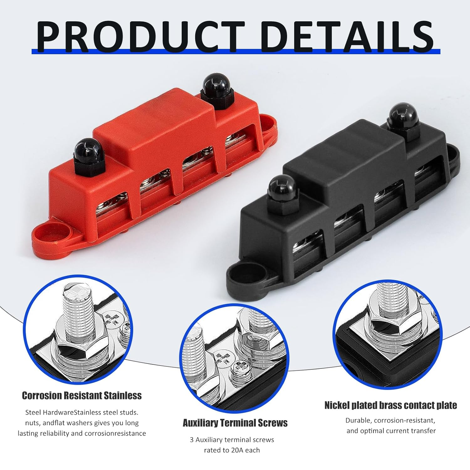 Ziyue 4 Terminals Bus Bar Power Distribution Block M8 Battery Ground Busbar Junction for Car Vehicle Rv Truck Marine Boat Audio Amplifier