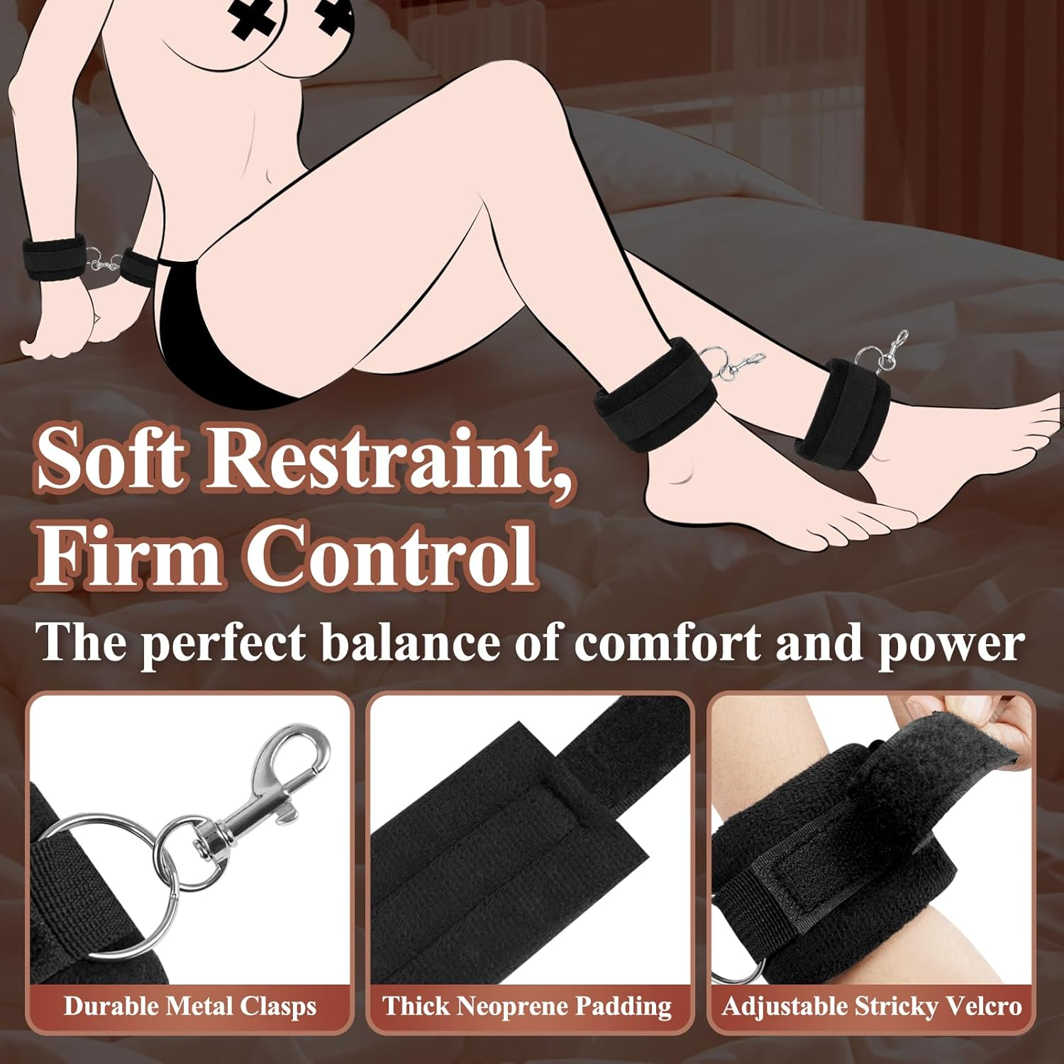 Bed Bondage Restraints Sex Adult,Bdsm Sex Handcuffs Bed Restraint Straps for Couples, under King/Queen Bed Sex Bondage Romance Straps for Couple,Sexy Toys Set with Adjustable 2X2 Wrists Ankle Cuffs image number 3