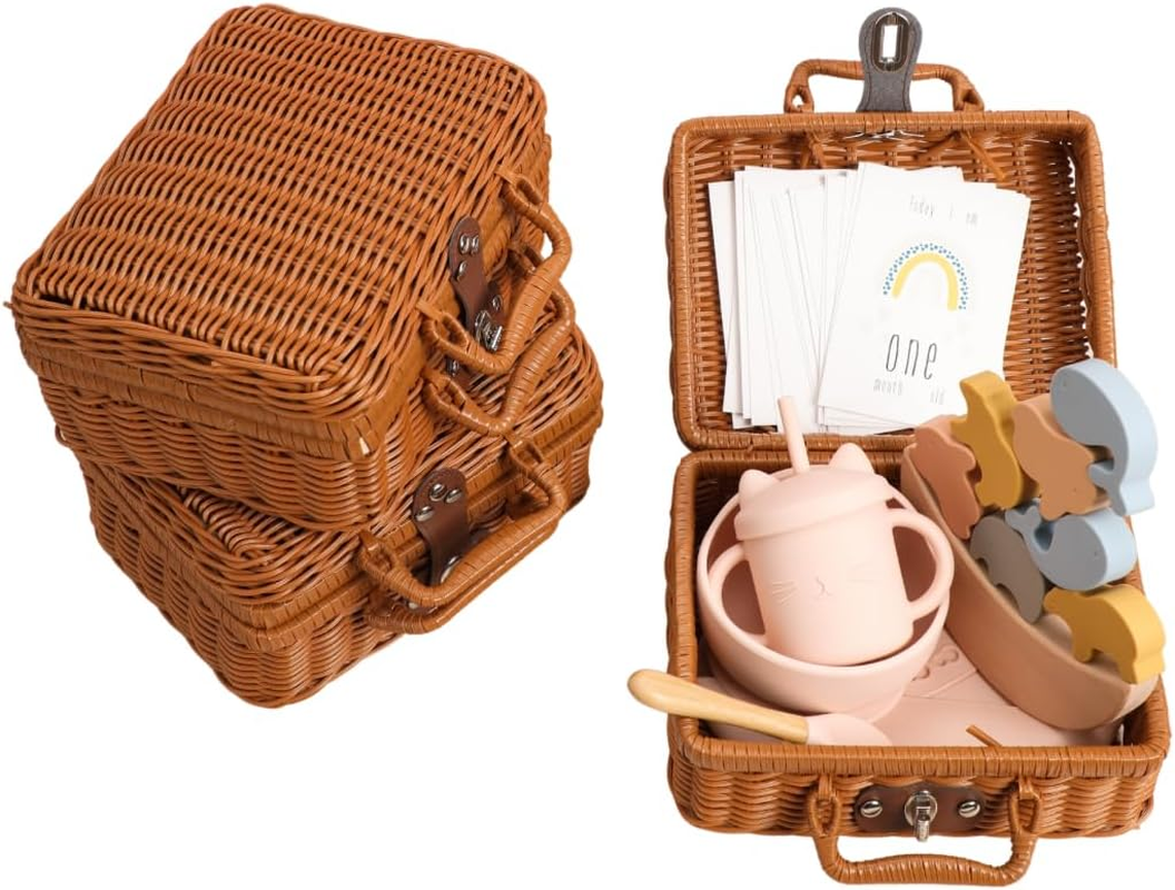 4 in 1 Newborn Gift Bundle with Wooden Stacking Game, Silicone Feeding Set, 16 Milestone Cards and Wicker Gifting Case - Present for New Mums & Baby Shower (Beige Star & Moon Set) image number 2