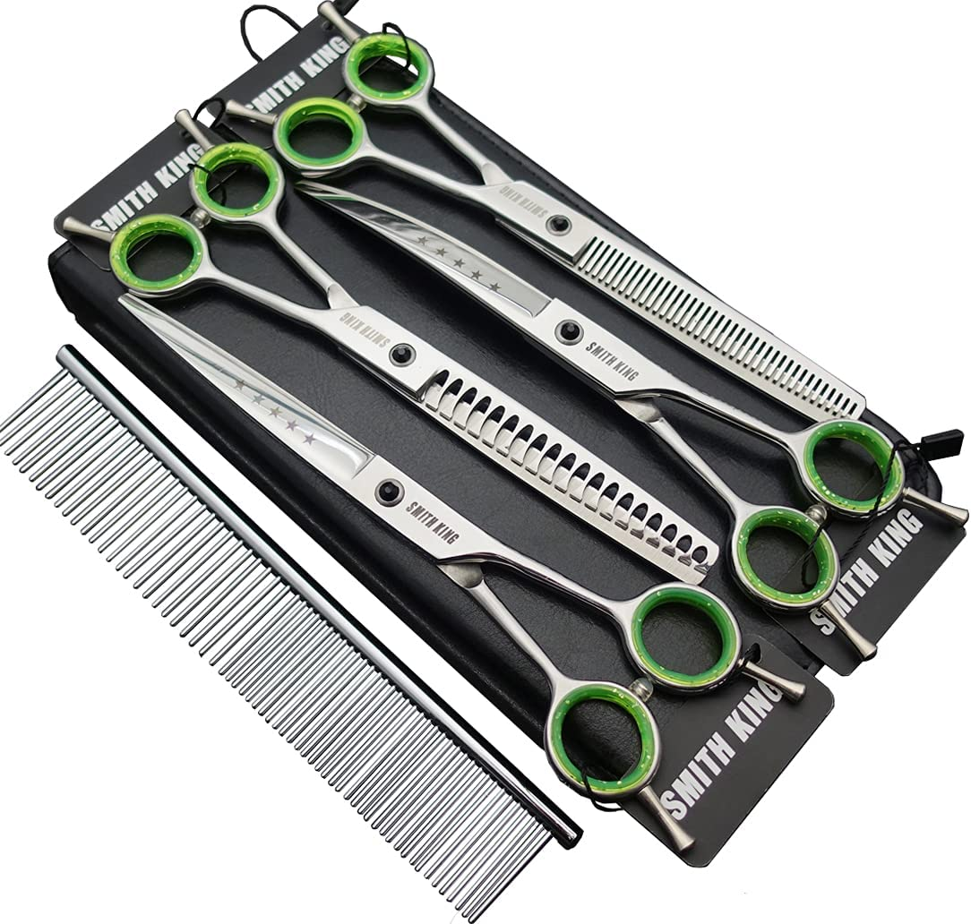 7.0 Inches Professional Dog Grooming Scissors Set Straight & Thinning & Curved & Chunkers & Comb 5Pcs in 1 Set for Left-Handed & Right Handed Black