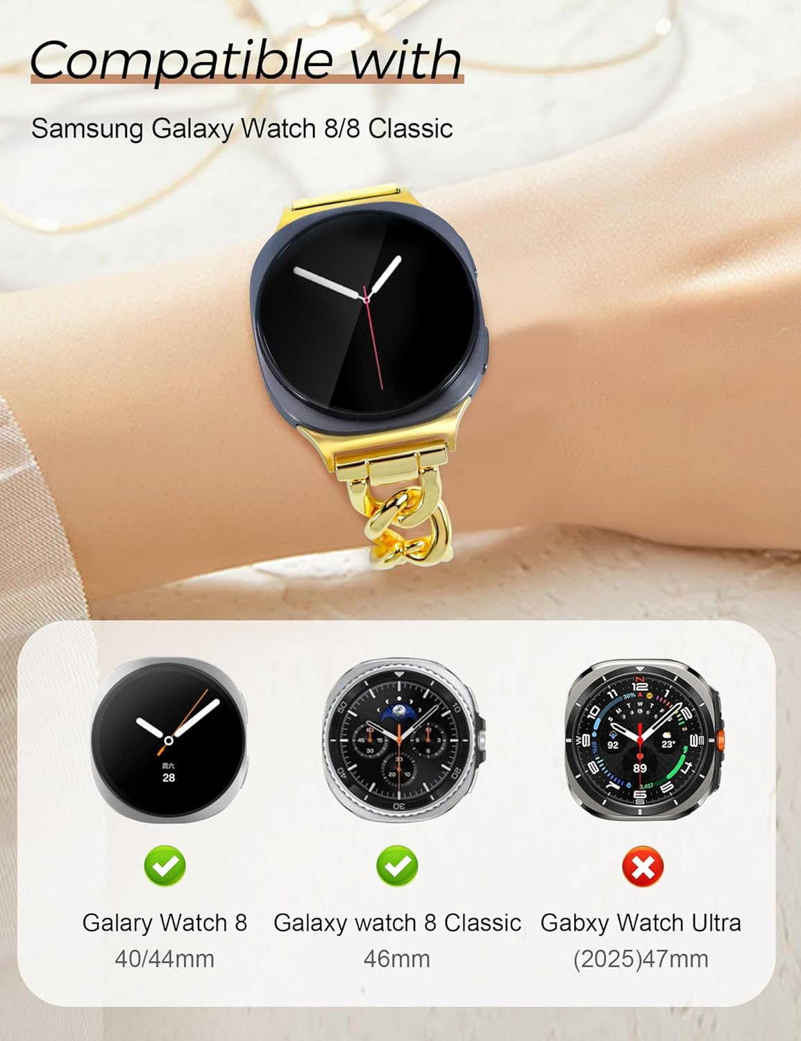 JR.DM Gold Metal Bracelet Bands for Women Compatible with Samsung Galaxy Watch 8 40 Mm 44 Mm/8 Classic 46 Mm Adjustable Cowboy Double Chain Dressy Fashion Jewellery Wrist Band for Galaxy Watch 8/8 - A1 Silver image number 5