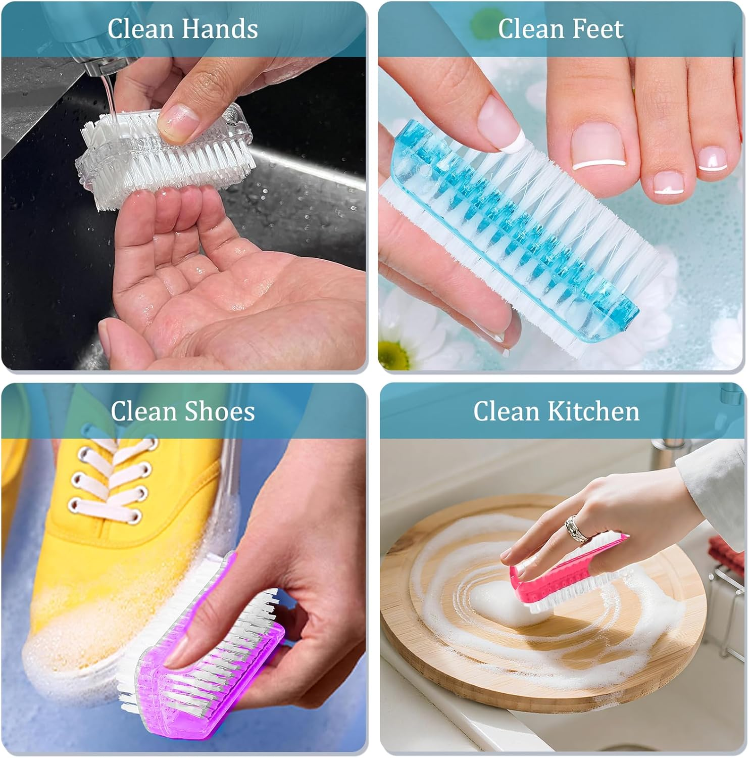 Pack of 4 Hand Brush, Nail Brush, Double-Sided Cleaning Brush, Hand Wash Brush, Small for Hands, Fingernails, Foot Brush, Vegetable Surfaces, Nail Brush, Universal Hard Bristle Brush Cleaning image number 6
