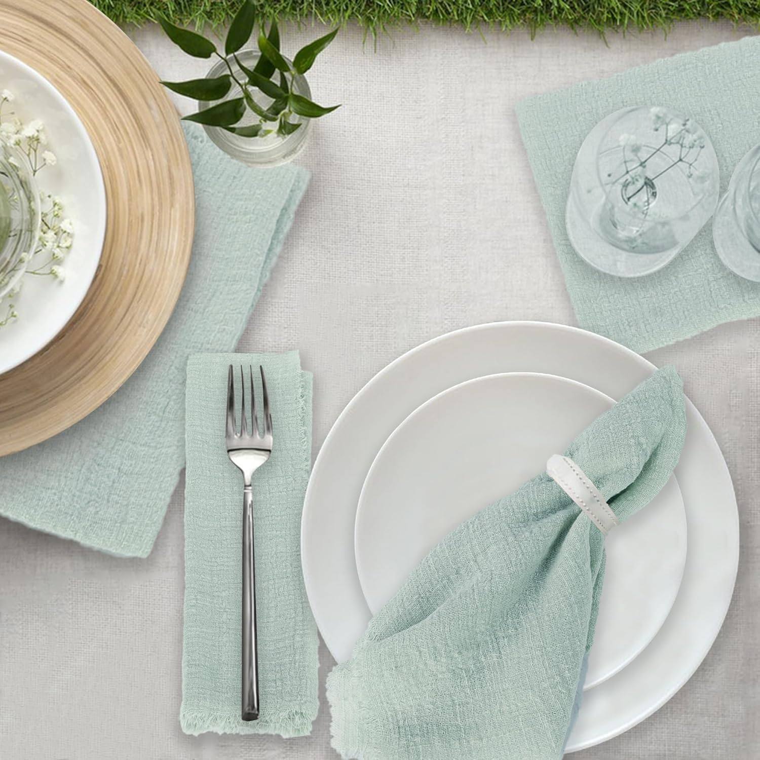 Plobeca Handmade Cloth Napkins,Cloth Napkin with Fringe Set of 12,Cotton Cloth Napkins 40X40Cm for Weddings Decorative Napkins, Dinner Parties, Everyday Use,Parties (Light Green) image number 4