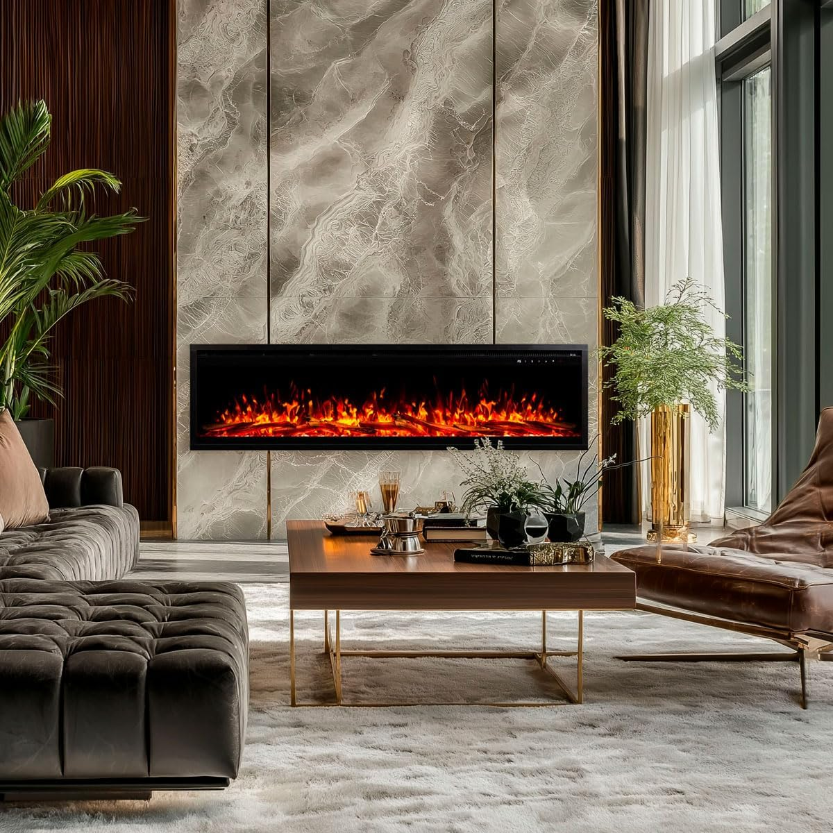 Modaliving Harmony Series 1500W Wall Mounted Electric Fireplace with Crackling Sound, 3D Flame, 13-Colour Ember Bed, Smartphone & Voice Control (55 Inch)