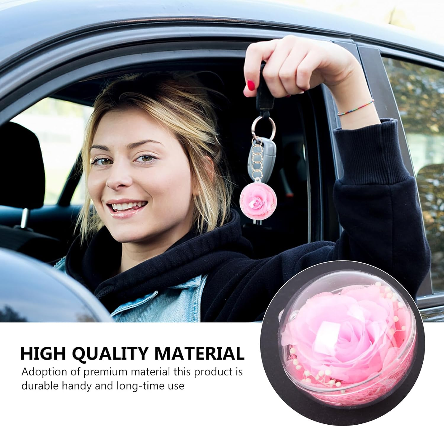 GOOHOCHY Preserved Flower Key Pendant Bag Charm Pink 5Cm Ball Keychain for Women New Year DIY Accessory image number 3