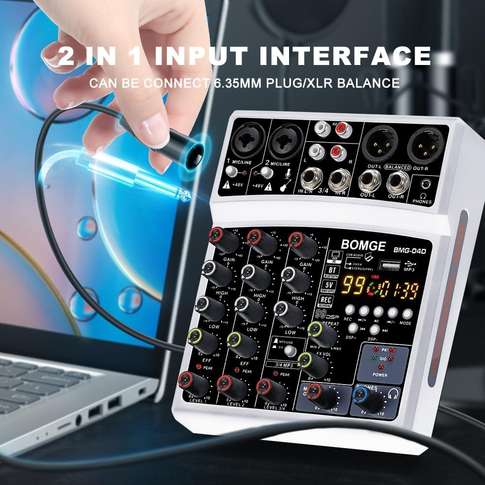 BOMGE 4 Channel 16 DSP Echo Dj Audio Sound Mixer Interface Mixing Console Karaoke with MP3 USB Bluetooth, Stereo Record(04D-White) image number 1