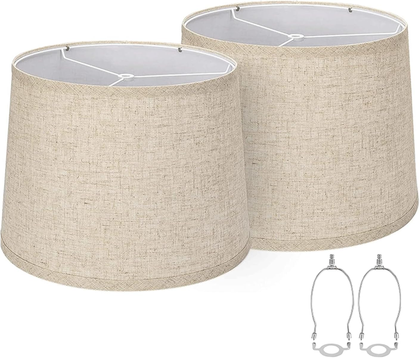 Fabric Lampshades Set of 2, Drum Lampshades for Table Lamps, Floor Lamps with 8 in Vertical Harp Support, Hand Crafted Replacement Lampshades (White)