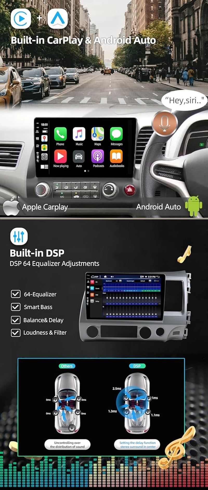 Android 14 IPS Car Stereo for Honda Civic (2006-2011) - Wireless Carplay/Android Auto - 4G+64G - LED Camera + MIC - 10.1 Inch 2 Din - DSP Steering Wheel DAB Fast-Boot 360-CAM Wifi image number 3