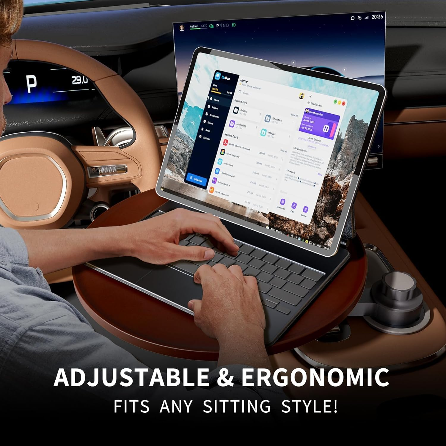 Car Tray & Car Desk for Laptop, 360&deg; Rotating Wood Cup Holder Table, Steering Wheel Tray, Car Accessories for Women & Men,Compatible with Tesla Model Y/3/S, Ford F150/Explorer/Maverick & Most Vehicles