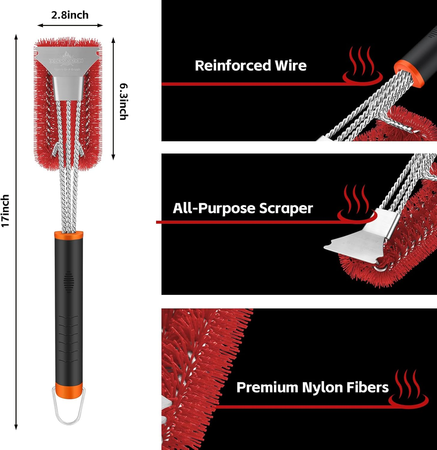 Grill Brush and Scraper, Safe Nylon Bristles Barbecue Triple Scrubbers Cleaning Brush for Cast Iron Grates/Porcelain/Weber Gas/Charcoal Grill，Extra Strong BBQ Cleaner Accessories (Red) - Black image number 7