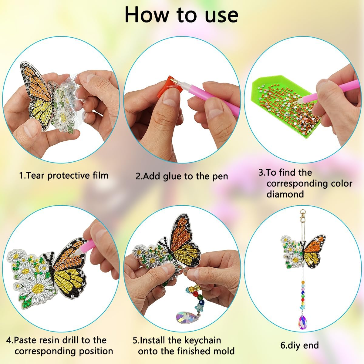 10 Set Butterfly Diamond Art Painting Wind Chimes, Finegood 5D Diamond Art Crystal Suncatcher Kits Double Sided Hanging Sun Catchers for Windows Garden Home Decor image number 3