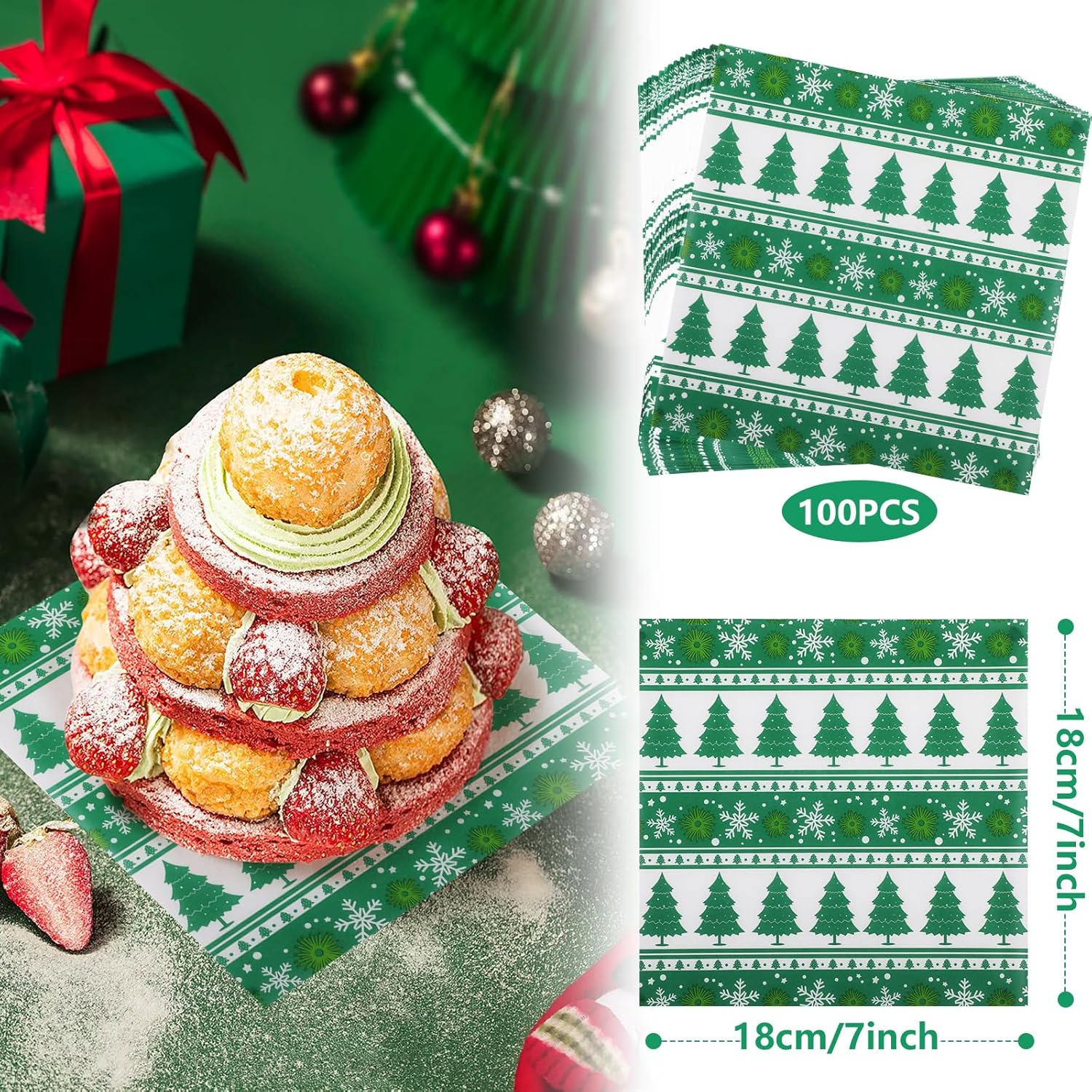 100 PCS Deli Paper Sheets 7X7 Inch, Christmas Decoration Food-Grade Greaseproof Paper Food Basket Liners for Sandwiches, Burgers, Fries Wrapping Paper Sheets Green Christmas Tree Snowflake - Red Snowflake image number 5