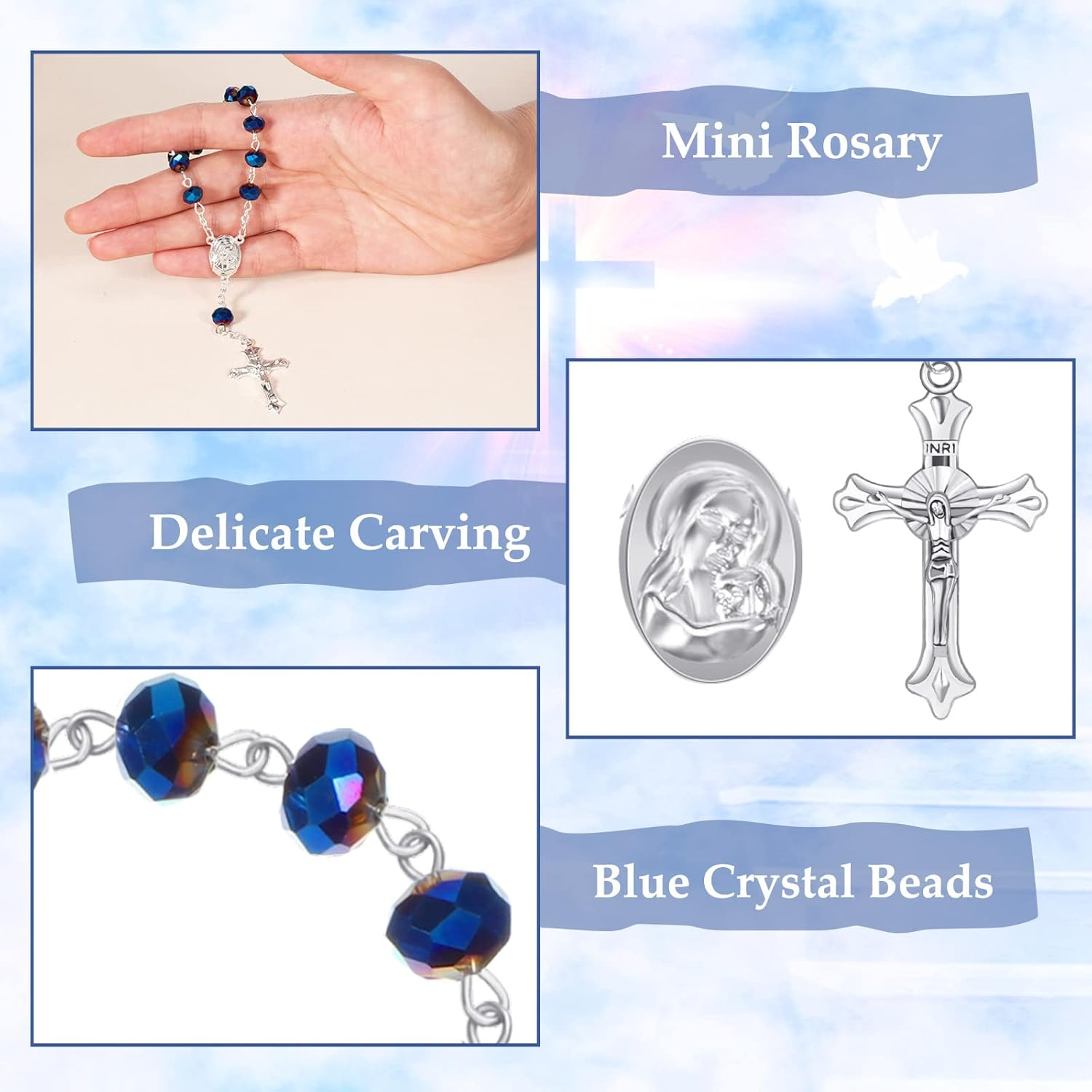 Yinkin 30 Pieces Catholic Mini Rosaries for Baptism Favors, Party Guests with 30 Organza Bags for Christening, Weddings, First Communion Gift (Blue), 7 image number 5