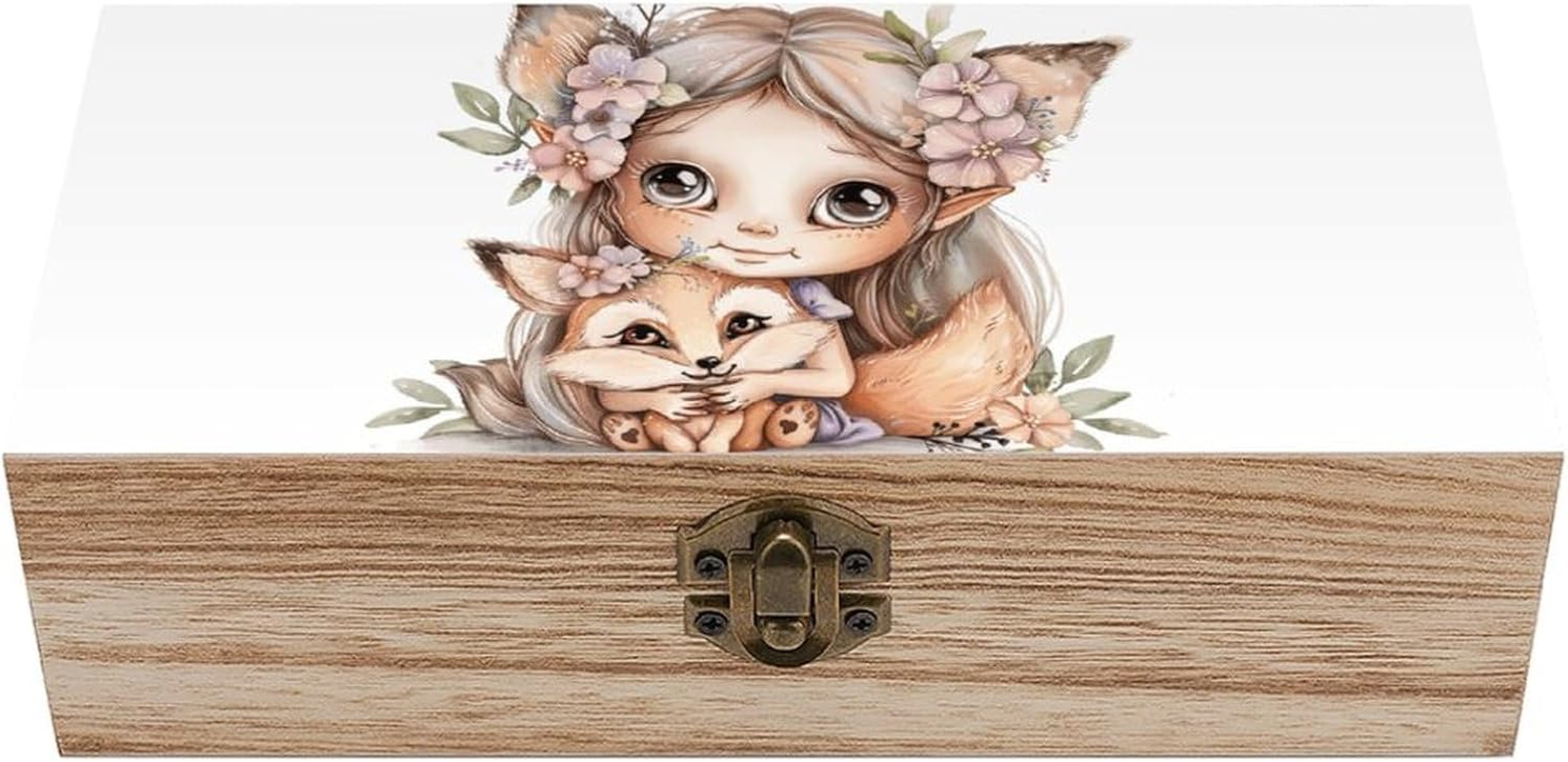 Fox and Girl Wooden Box Wood Wedding Keepsake Boxes with Lids Small Decorative Boxes Lightweight Wooden Memory Storage Box for Crafts Keepsakes Jewelry Photo Letter Storage image number 5