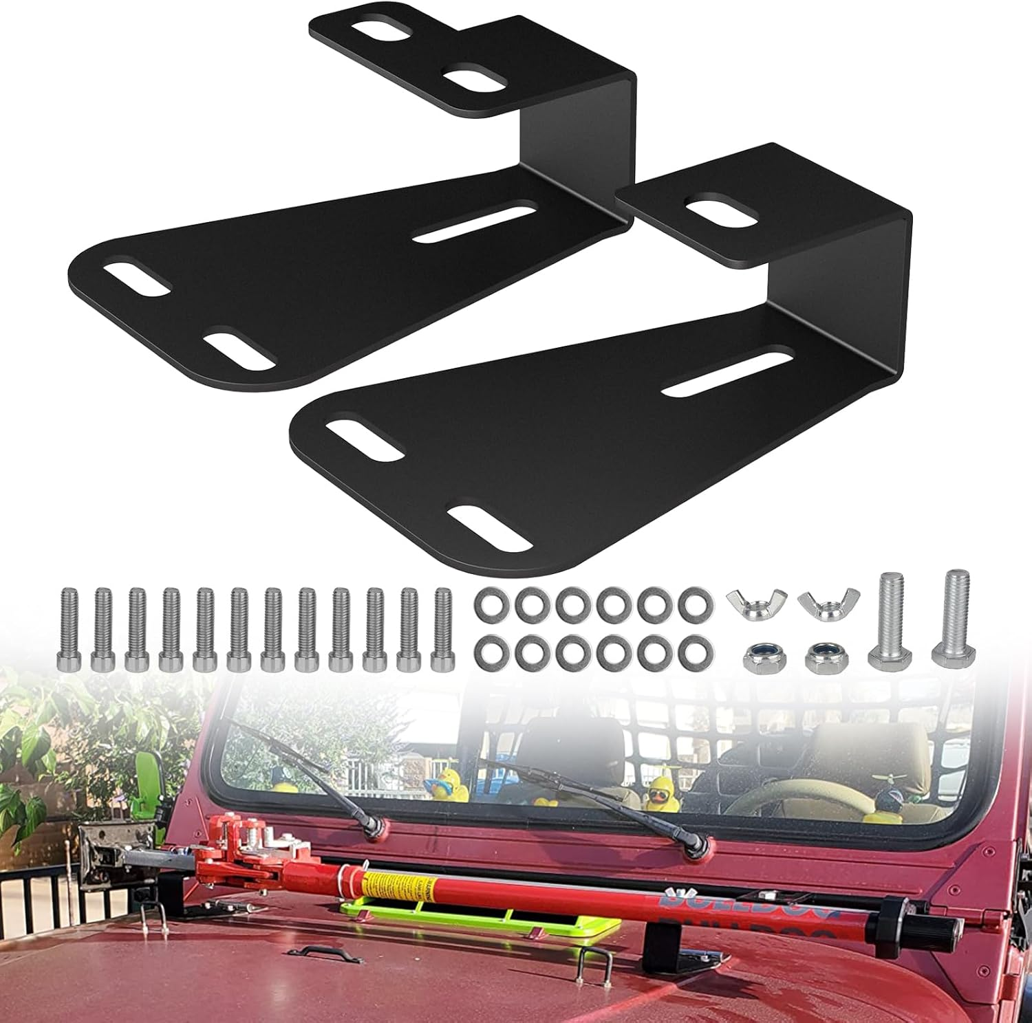 High Lift Jack Hood Mounts, Steel Hinge Hi Lift Jack Stand Mount Compatible with Jeep Wrangler CJ 1944-1986 / YJ 1987-1995 / TJ 1997-2006, 2 Pack, Black