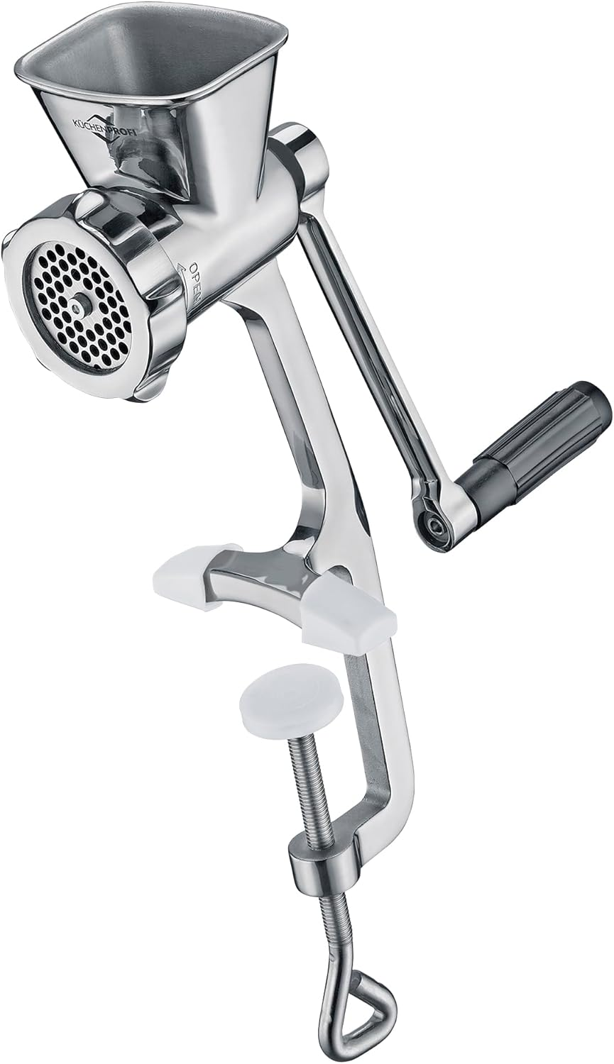 K&uuml;chenprofi Solido Stainless Steel Mincer 2.0 Manual Including 3 Perforated Discs, Biscuit Attachment and 3 Sausage Filling Attachments, with Extra Large Table Clamp 12 X 10 X 40 Cm image number 4