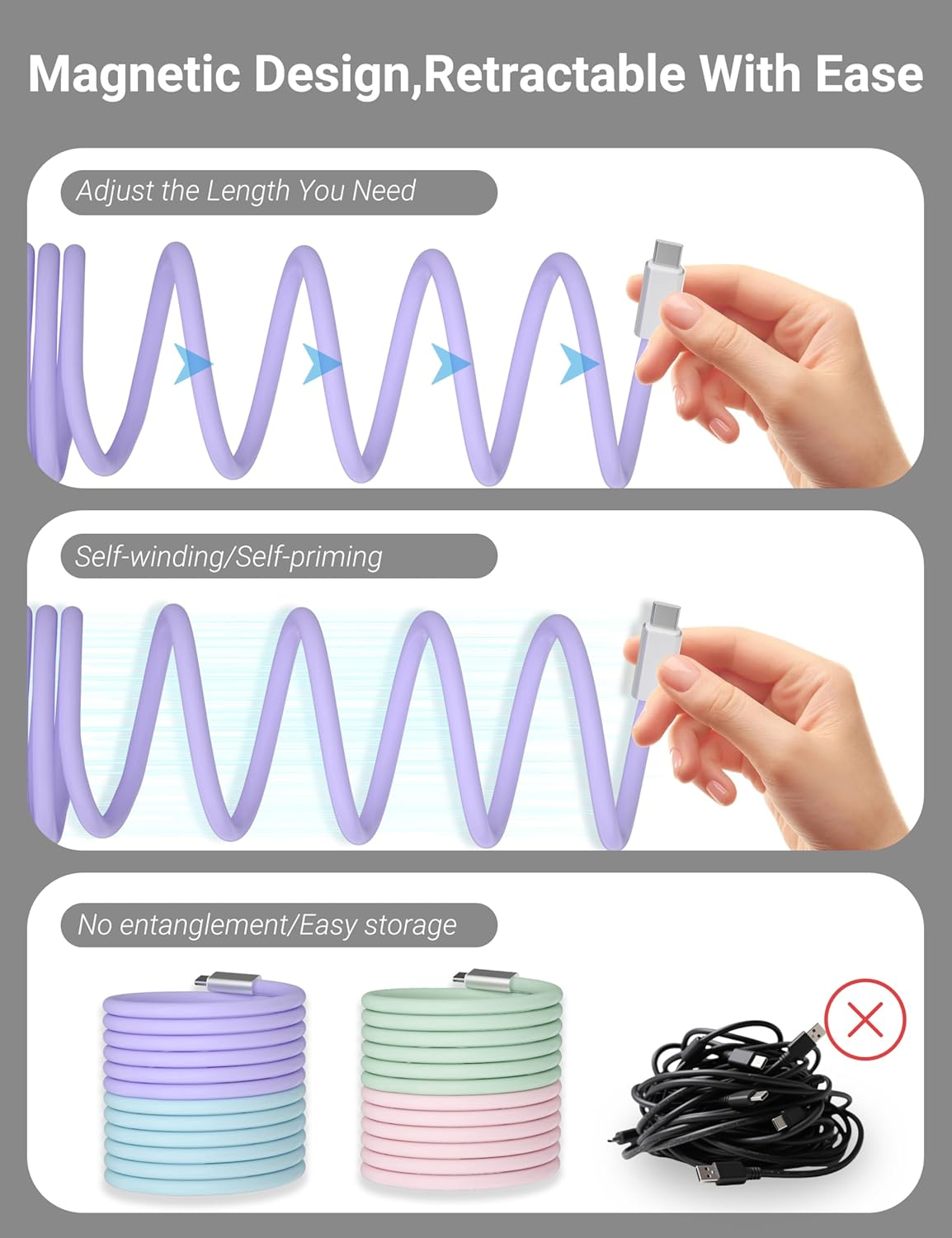 BELAROI Magnetic USB C to USB C Charging Cable [240W/140W/100W PD Fast Charging][480Mbps Data Sync] Soft Silicone Durability with Aluminum Connector for Macbook/Iphone 15/16 Pro/Plus/Android (Purple) - Blue image number 4