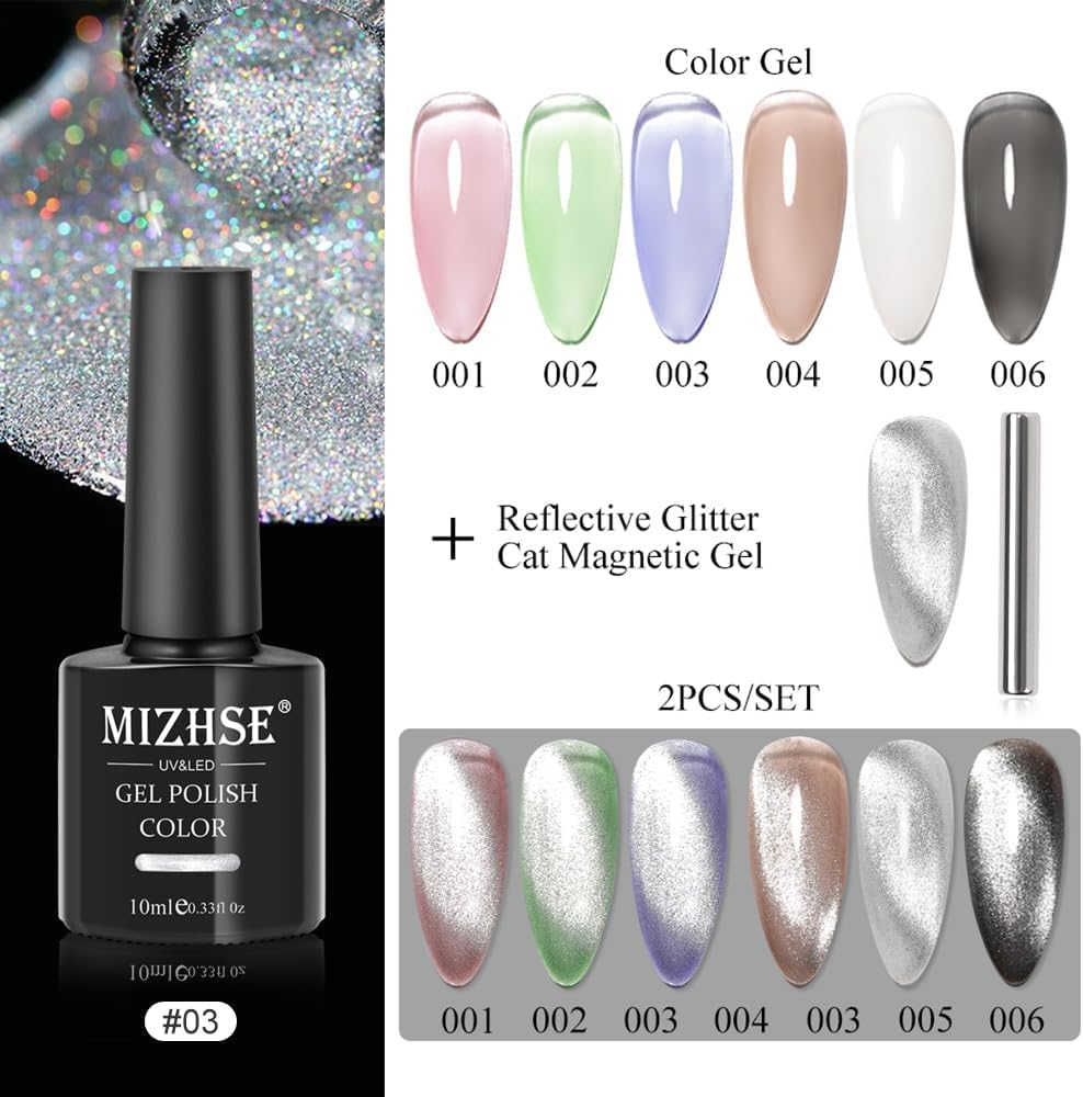 MIZHSE Universal Silver Cat Eye Gel Nail Polish, Magnetic Gel Polish Shiny Glitter Nail Gel with Magnet Stick, 10 Ml Galaxy Cateye Nail Polish Soak off UV/LED Nail Art Salon Manicure DIY at Home
